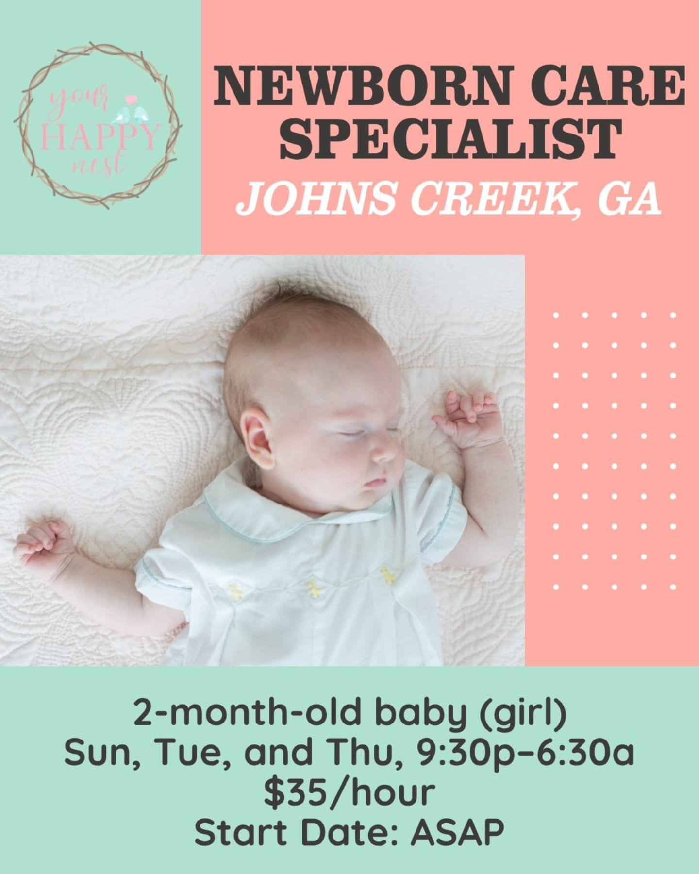 🍼 👶🏻 NEWBORNCARE SPECIALIST NEEDED IN JOHNS CREEK GA 🍼 👶🏻

An experienced and nurturing Newborn Care Specialist is needed to provide overnight care for a 2-month-old baby girl in Johns Creek. The ideal NCS will be confident caring for a young b