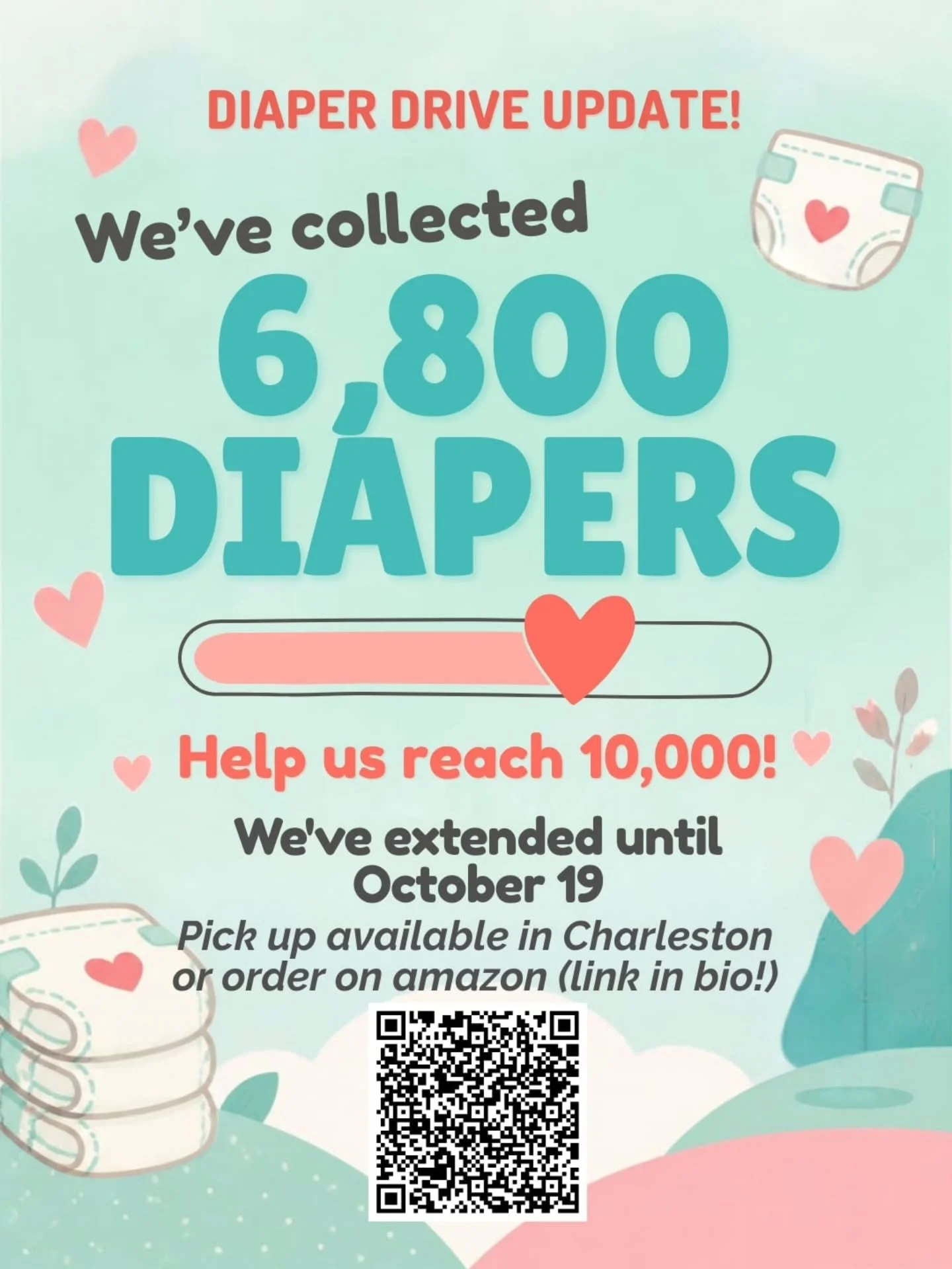 We have some exciting news. Our diaper drive has been extended until October 19!

We&rsquo;re so grateful for everyone who has given so far. Together we&rsquo;ve collected 6,800 diapers, and every one of them goes to a family who needs it. With a few