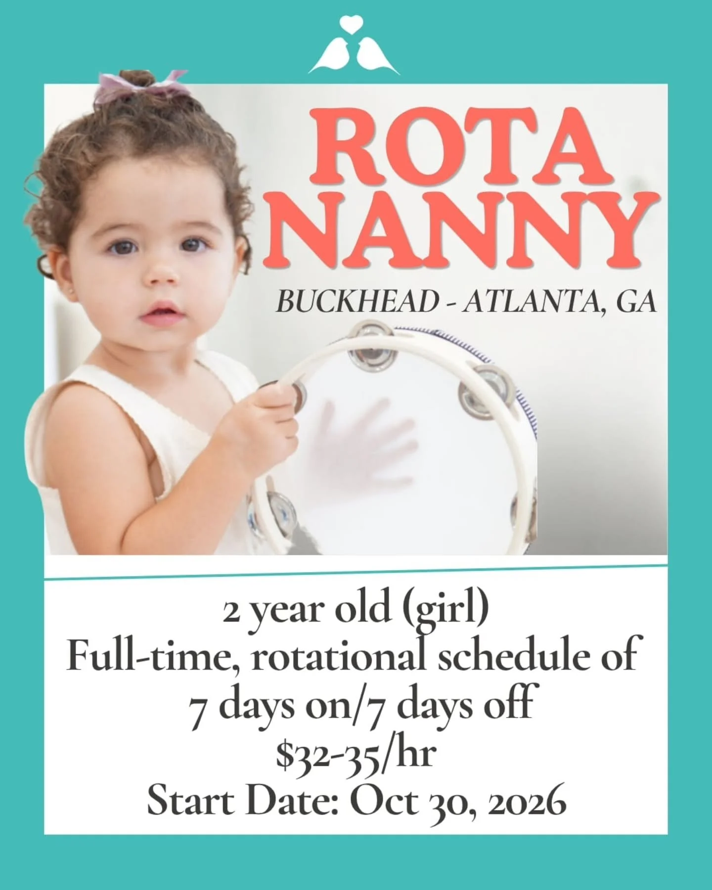 👩&zwj;👧✨ FULL-TIME NANNY NEEDED IN BUCKHEAD - ATLANTA, GA 👩&zwj;👧✨

A professional and experienced rotational (ROTA) nanny is needed in Buckhead to provide exceptional care for an active, almost-2-year-old girl!&nbsp;&nbsp; This position is ideal
