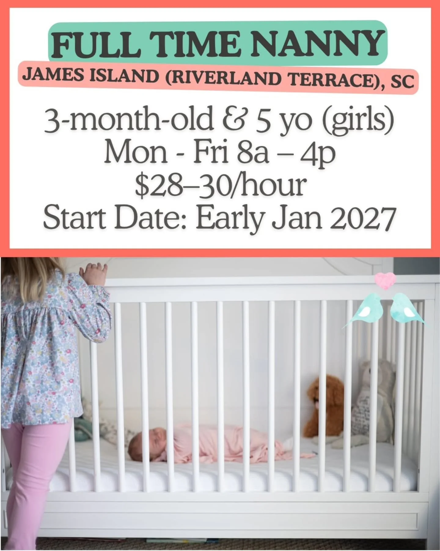 🍼🤱 FULL TIME NANNY NEEDED IN JAMES ISLAND (RIVERLAND TERACE), SC 🍼🤱 

A family with two moms, a 5-year-old daughter and a newborn baby girl is seeking a full-time Nanny/Family Assistant to join their family in James Island. This is a great opport