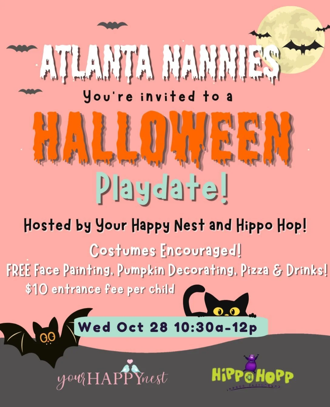 Don&rsquo;t ghost us! Join us for a Halloween Playdate for nannies and their littles hosted by Your Happy Nest and Hippo Hopp!! 👻
 
What to expect:
👻 Costumes encouraged! Bring your little ghouls and goblins dressed up, and nannies are encouraged t