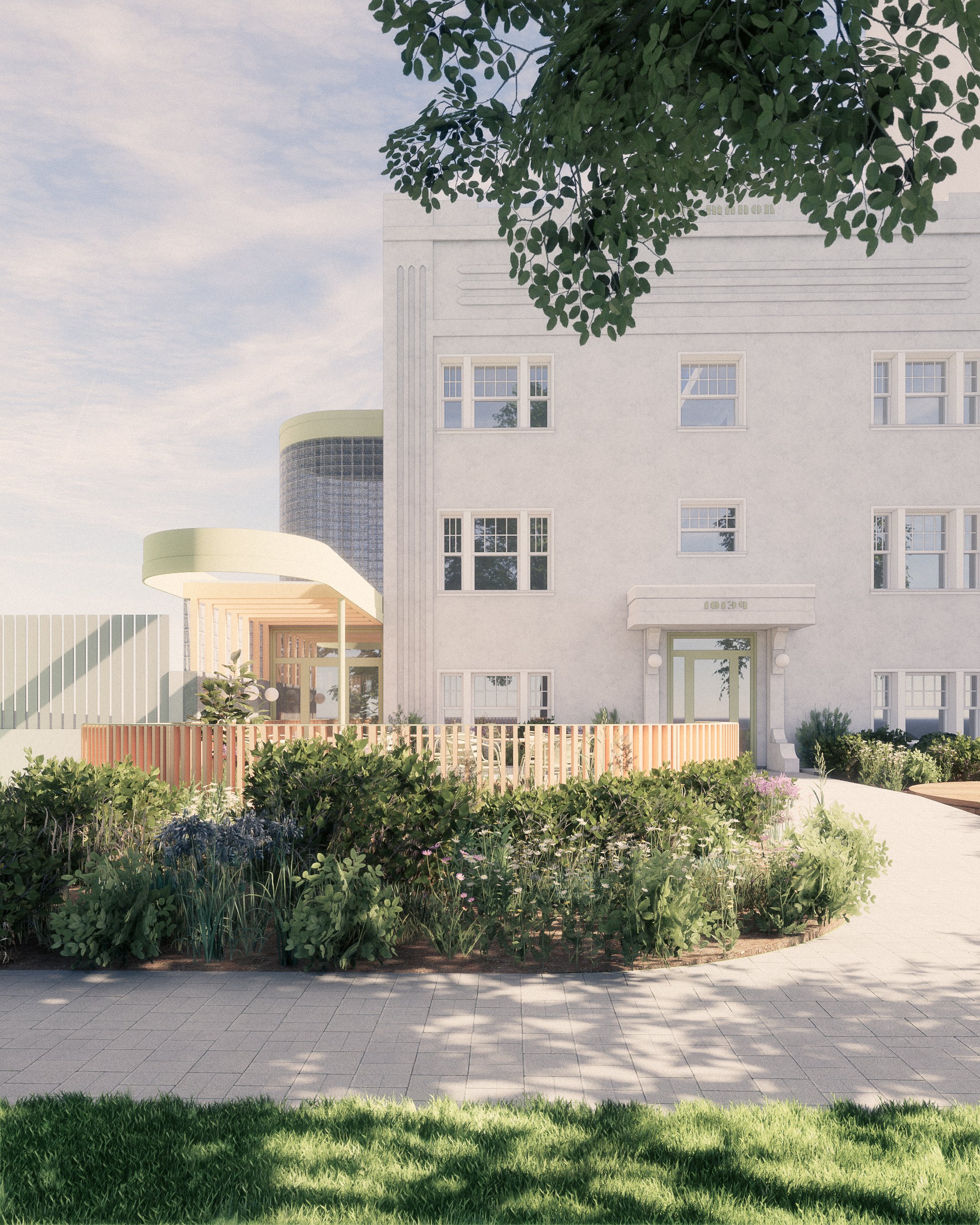Modern multi-story apartment building with surrounding landscaped garden, pathway, and blue sky.