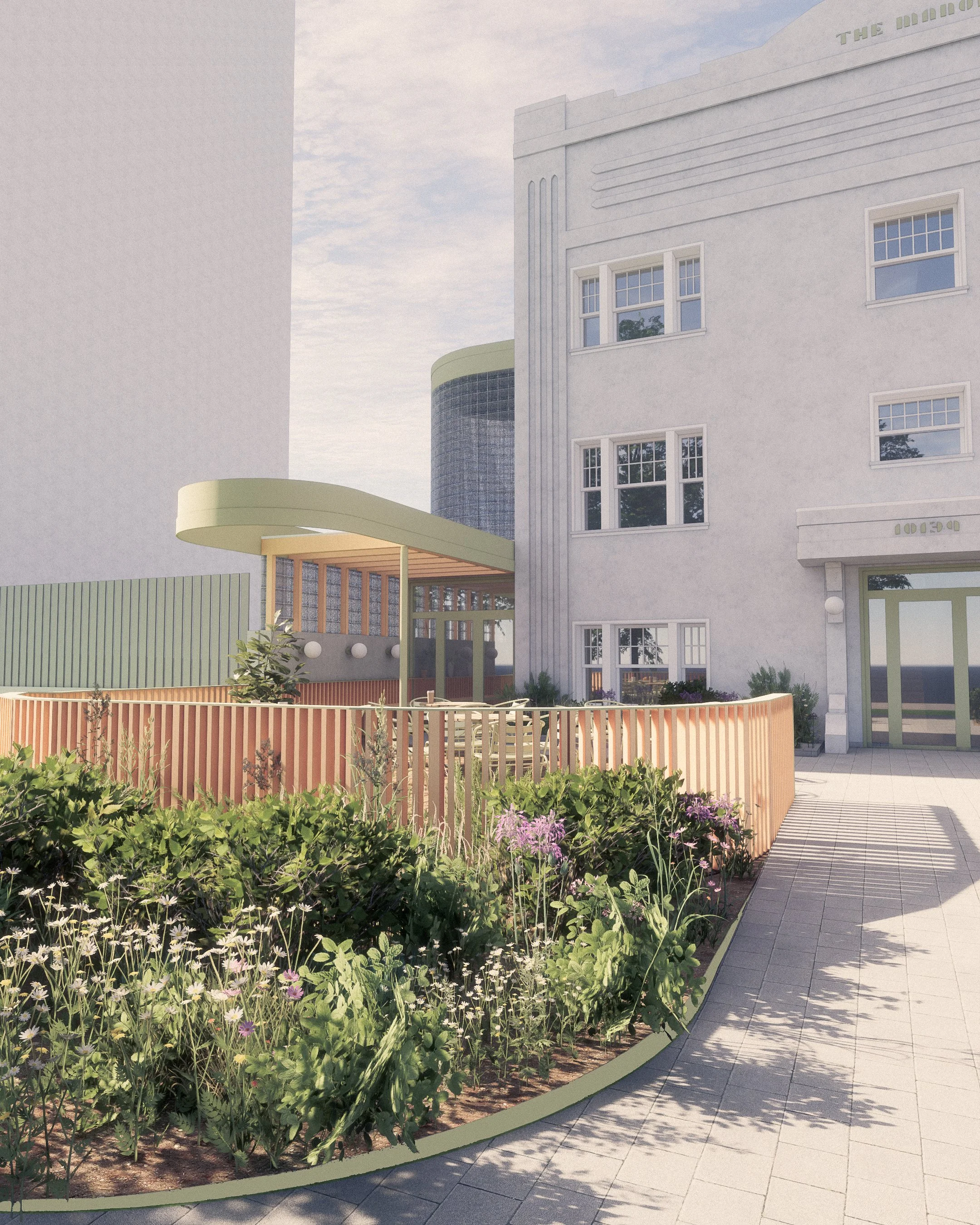 Rendering of a modern building with garden and pathway, featuring white walls, multiple windows, a curved roof structure, and surrounding greenery.