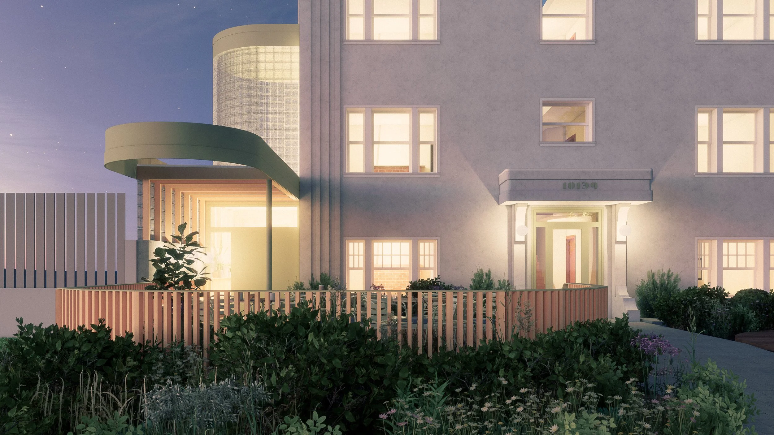 This is an illustration of a modern multi-story building with illuminated windows, outdoor greenery, and a wooden fence. It appears to be evening or early night.