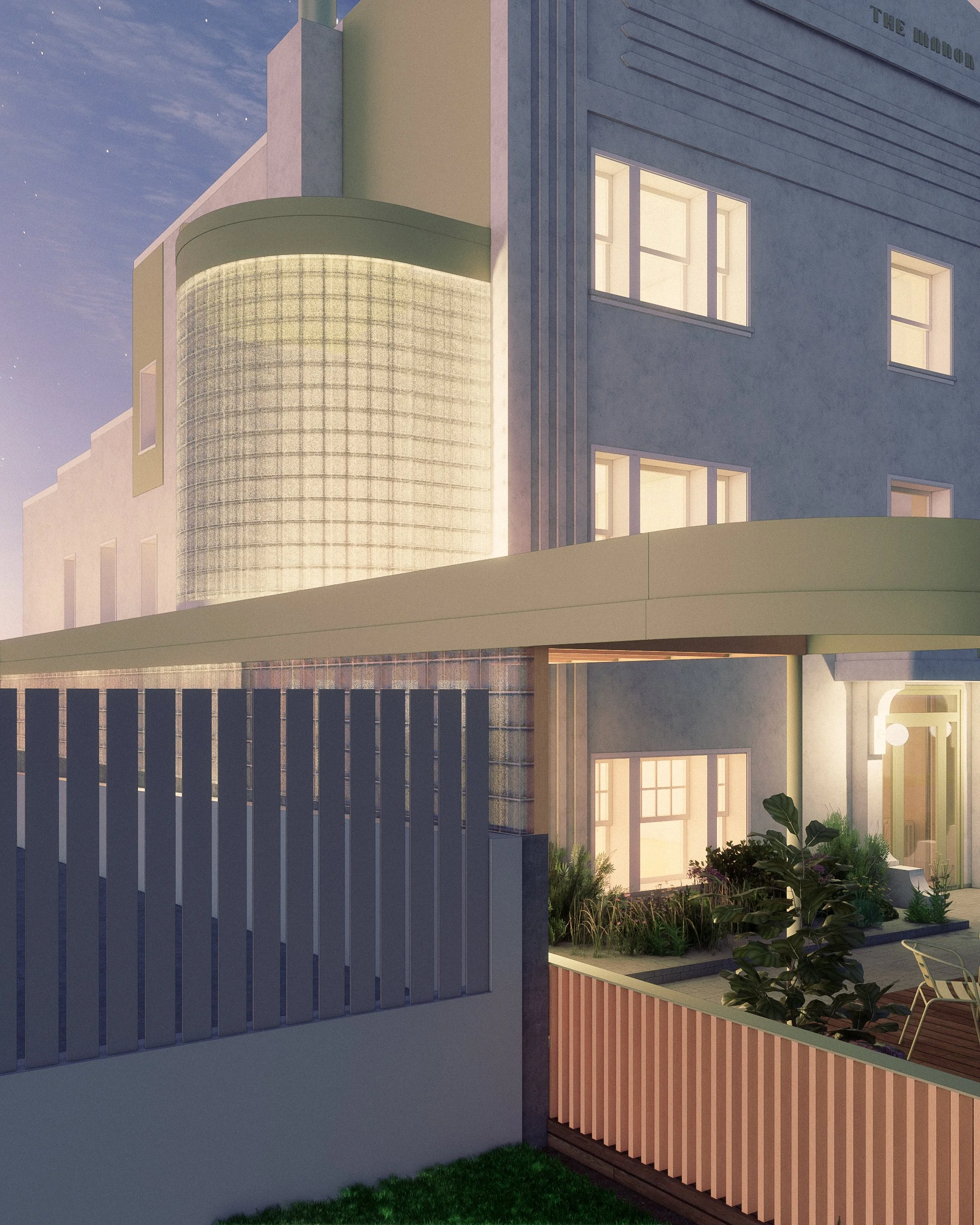 A modern multi-story apartment building with lit windows during evening, an outdoor patio area with plants and furniture, and a decorative exterior wall.