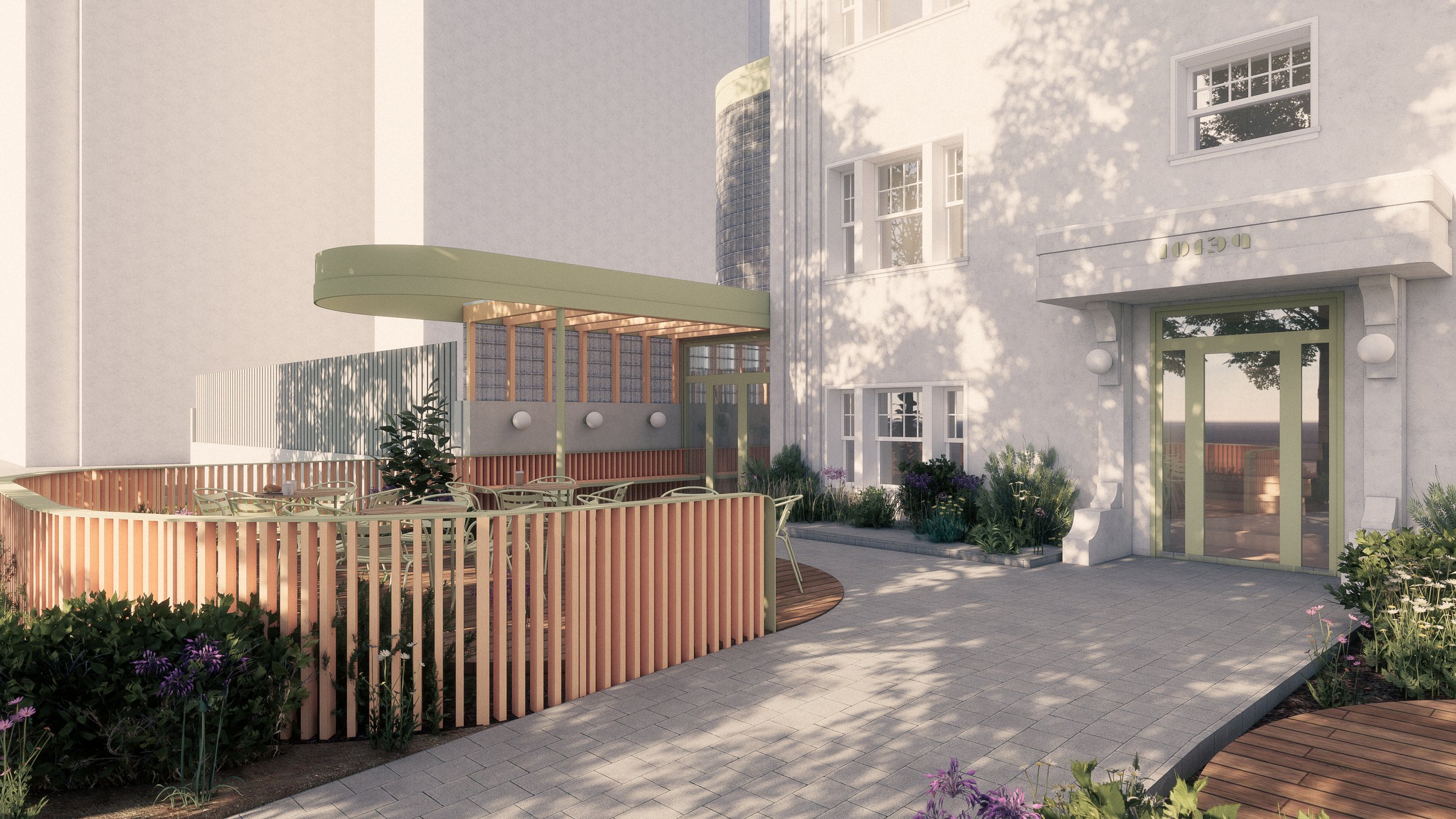 Render of an inviting outdoor patio area with a beige paved walkway, colorful flowers, and a small garden enclosed with a curved red wooden fence. The patio has a seating area with chairs under a green canopy attached to a modern white building with