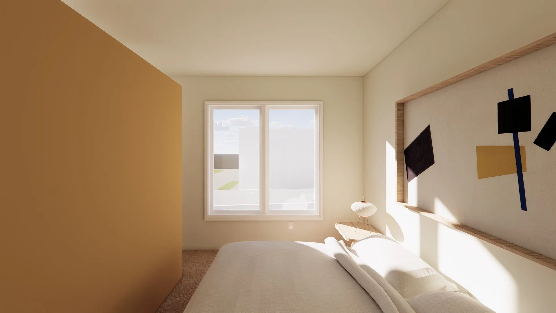 A cozy bedroom with a bed, a window letting in natural light, and modern wall art.
