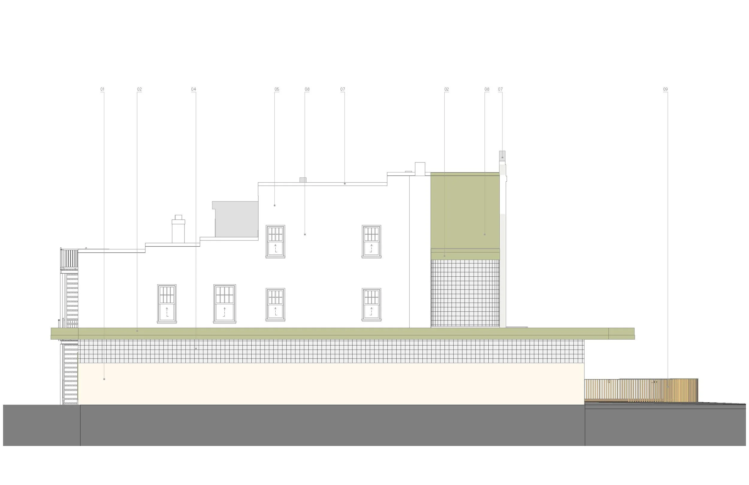 Architectural elevation drawing of a multi-story building with windows, a chimney, a green balcony, and a fenced area, with numbered labels pointing to different building features.