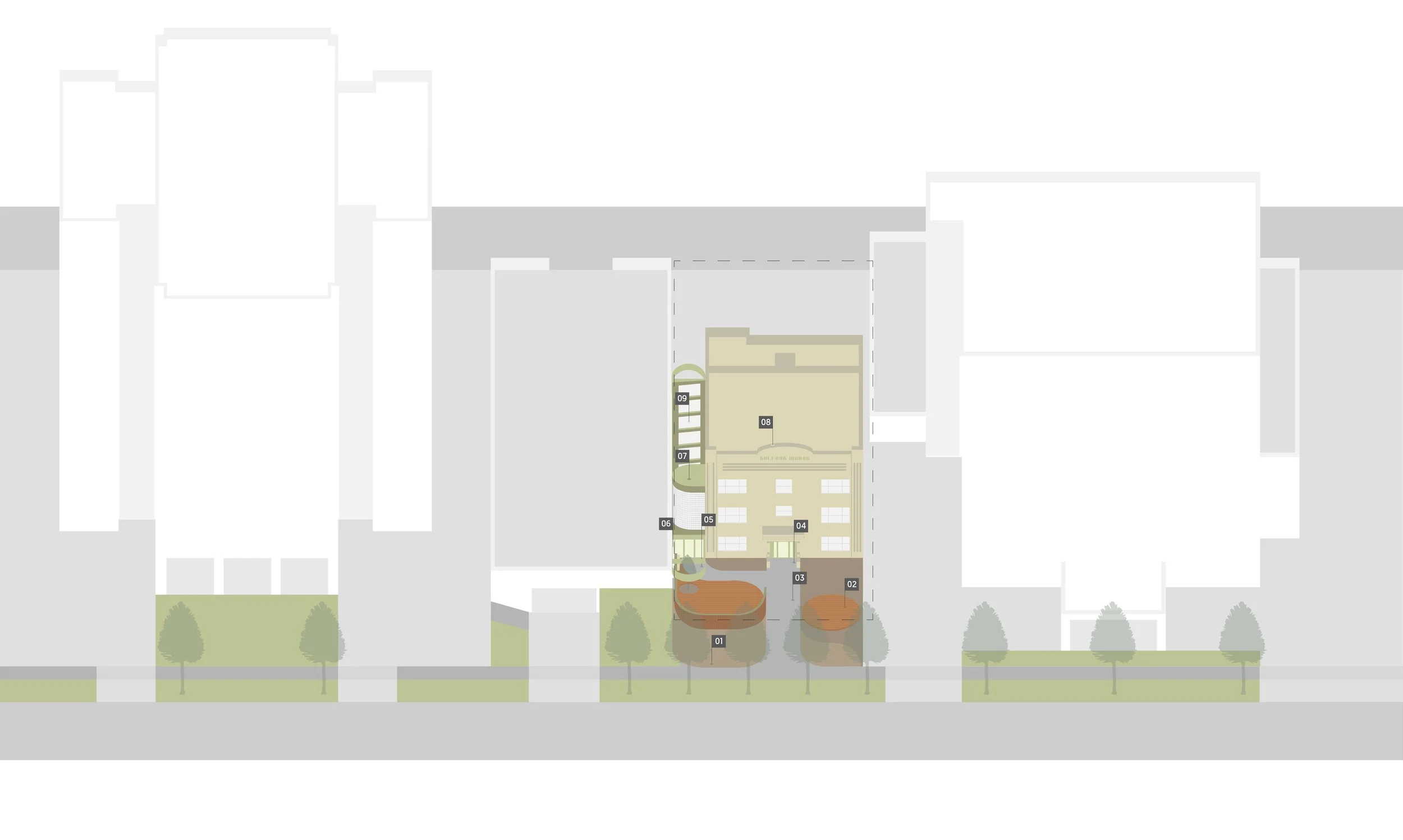 Architectural site plan of a modern building with trees, pathways, and numbered labels indicating different sections.