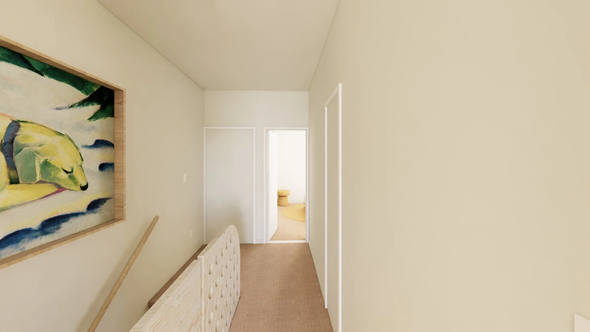 A hallway with beige walls and carpet, featuring a colorful abstract painting of a yellow dog on the left wall, with a wooden bedpost on the floor and doorways leading to other rooms at the end.