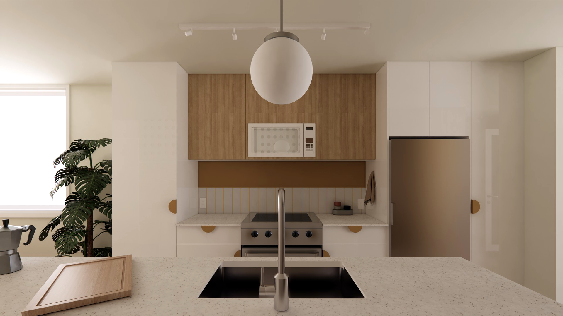 Modern kitchen with beige countertops, wooden cabinets, white walls, stainless steel sink, hanging pendant light, microwave, stove, and decorative plant near window.