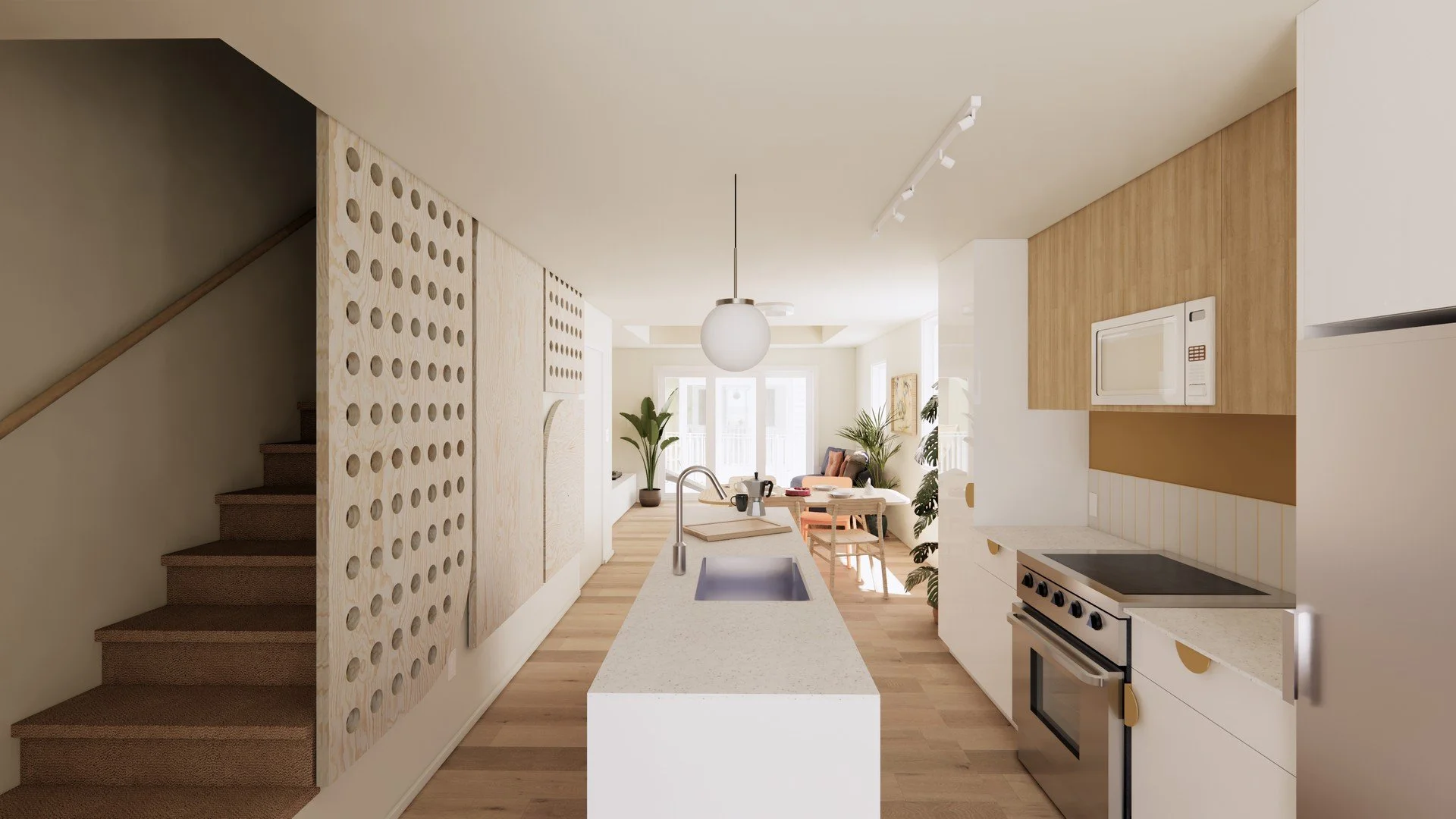 Modern kitchen with white island, wooden cabinets, stove, microwave, and a living area with plants and seating in the background.