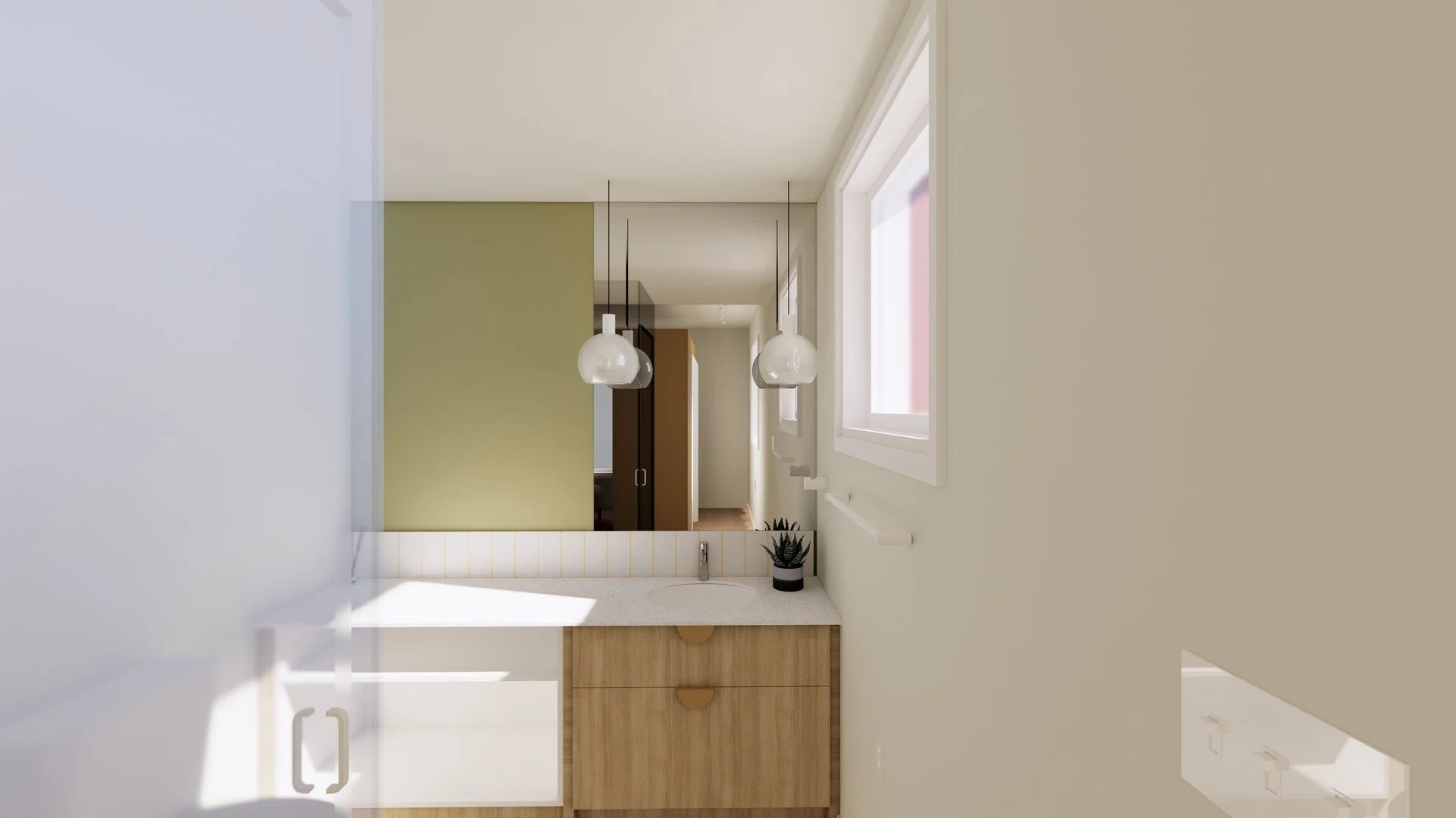 View of a modern bathroom with a white countertop and wooden cabinet, large square window, and hanging pendant lights.