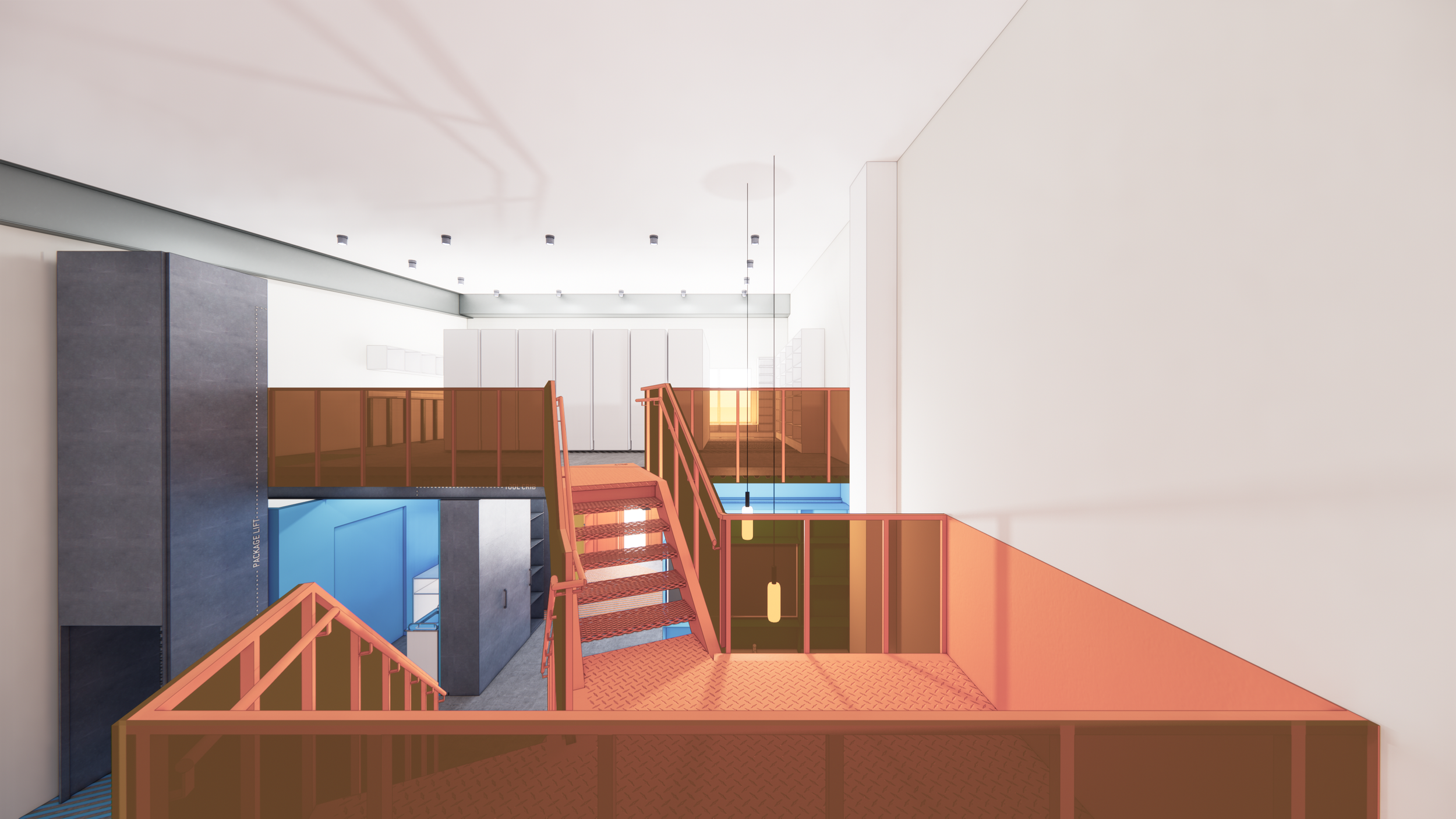 Interior view of a modern multi-level space with orange metal railings, stairs, and hanging pendant lights, featuring a minimalistic design with white walls and ceiling, and a black and gray cylindrical structure on the left.