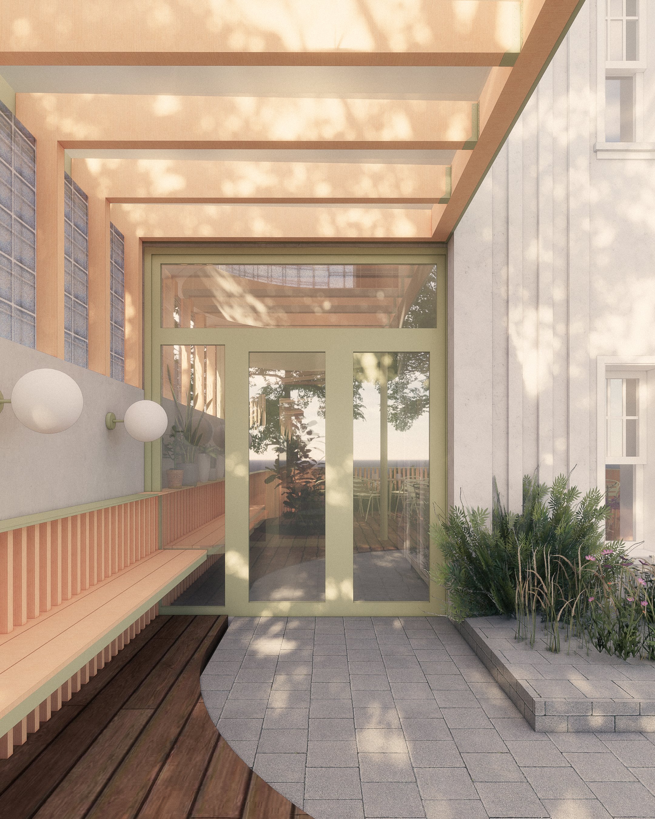 A modern outdoor patio area with a glass entrance, wooden and paved flooring, seating bench, hanging lights, potted plants, and greenery.