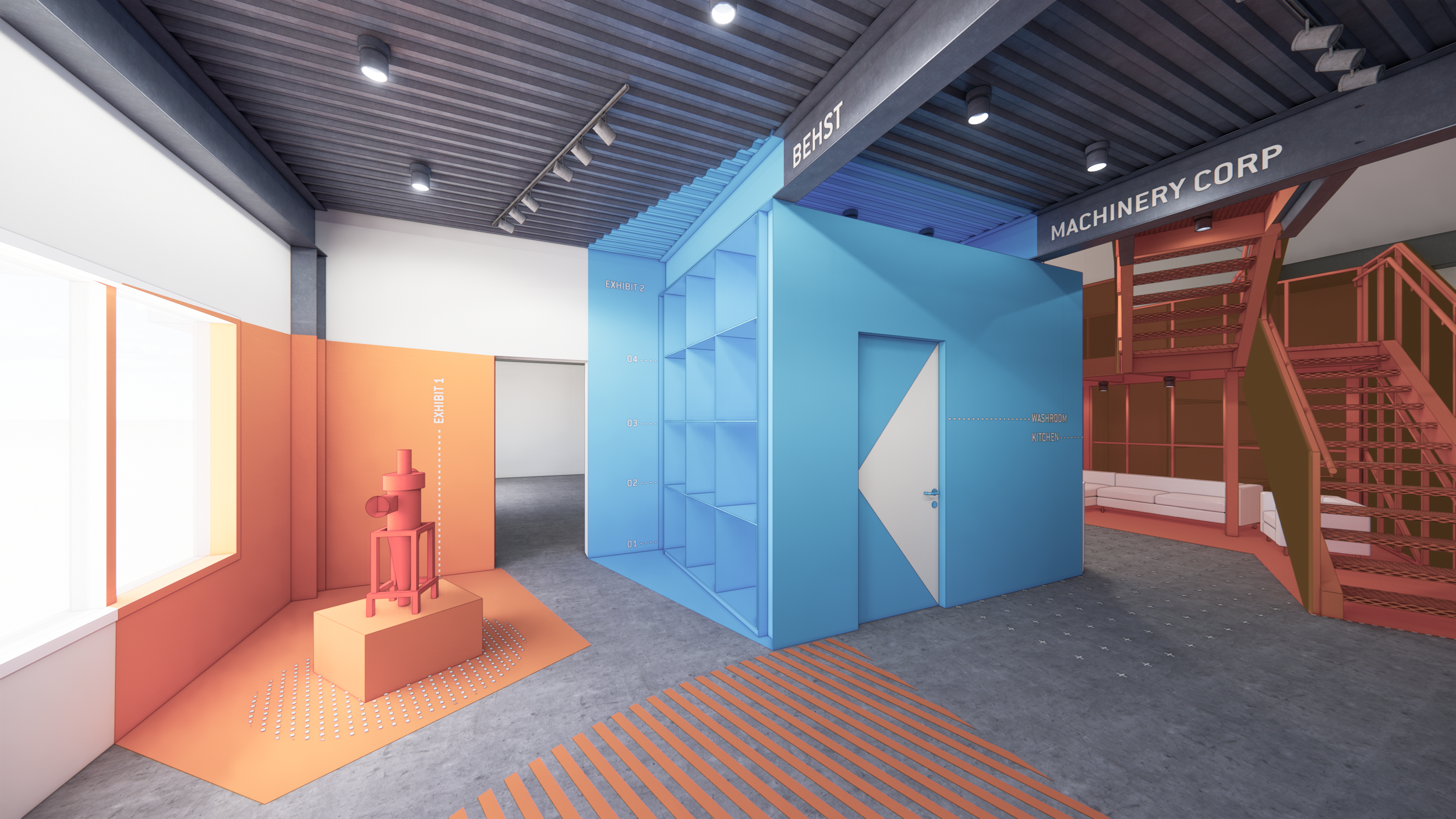 A modern interior space with an orange exhibit area on the left, a blue structure with shelving and a door in the center, and a staircase with a seating area on the right. The space features gray flooring, a dark wood ceiling, and signage indicating