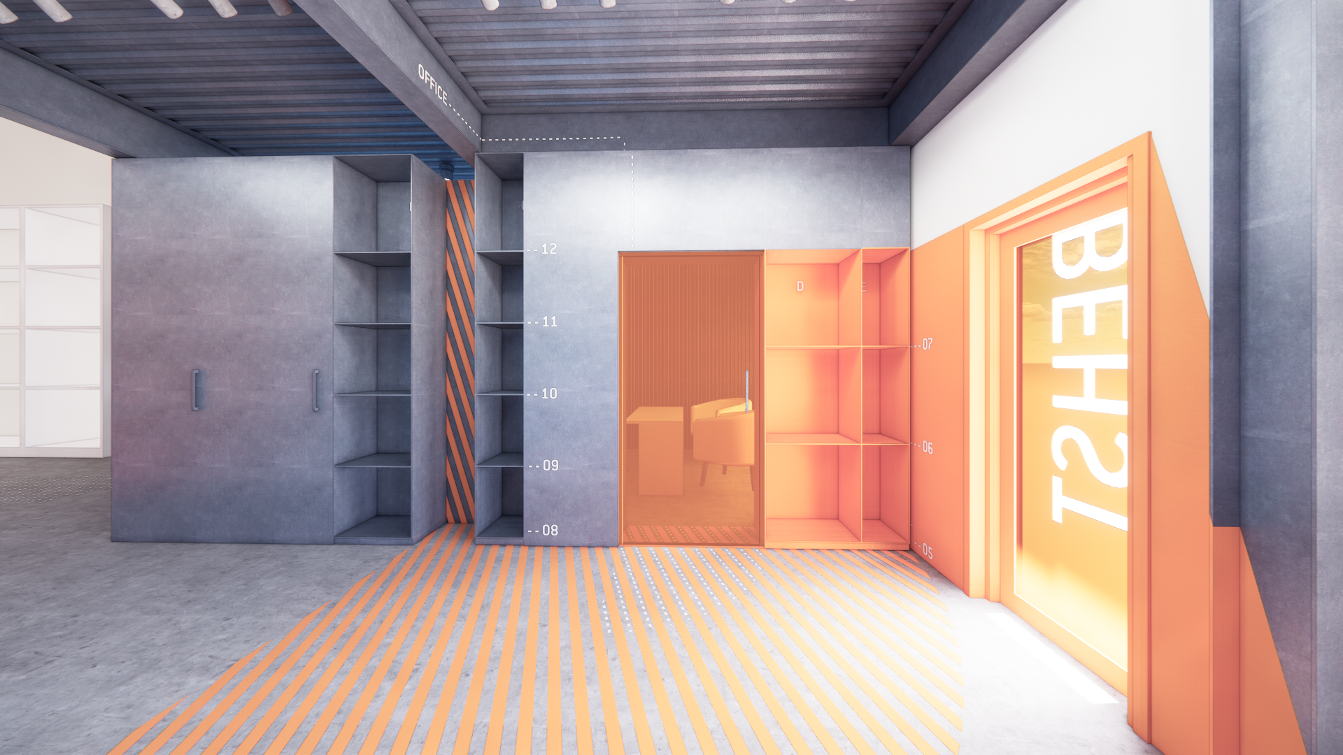 Modern office interior with built-in shelving units, a glass-walled private workspace, and a large illuminated sign that reads 'BETH ST' in orange and blue tones.