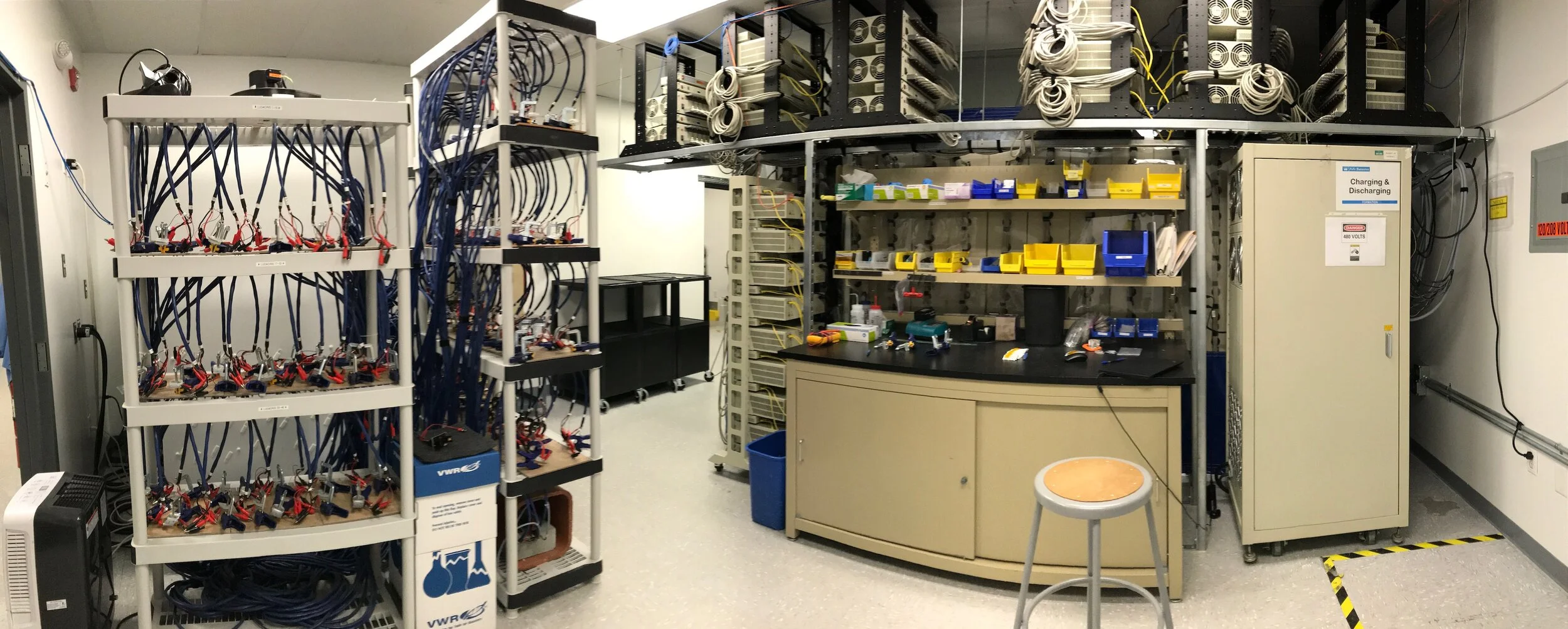 R&D Cell Testing Lab Set-up. Note that the Neware Battery Testers have been broken up into columns of 2-3 modules and suspended overhead. This is a great way to maximize on floor space without sacrificing test channels.