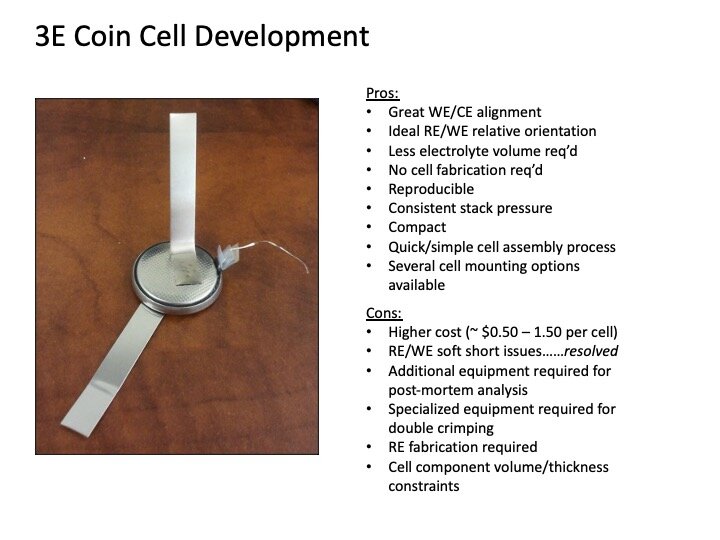 On the left you can see an image of a completed 3E coin cell. The bullet points on the right list some of the strengths and weaknesses of using this configuration as a main test vehicle for your R&D program.