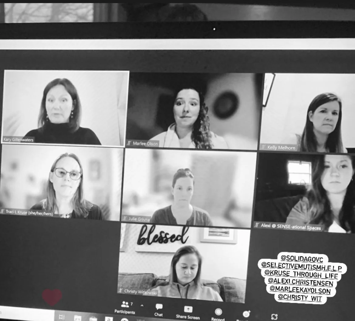 A black and white screenshot of a Zoom video call with six participants. Each person is visible in a separate frame, appearing to be in a virtual meeting. Usernames and Instagram handles are displayed in some frames and at the bottom right corner. The interface shows typical Zoom features like "Participants" and "Share Screen."