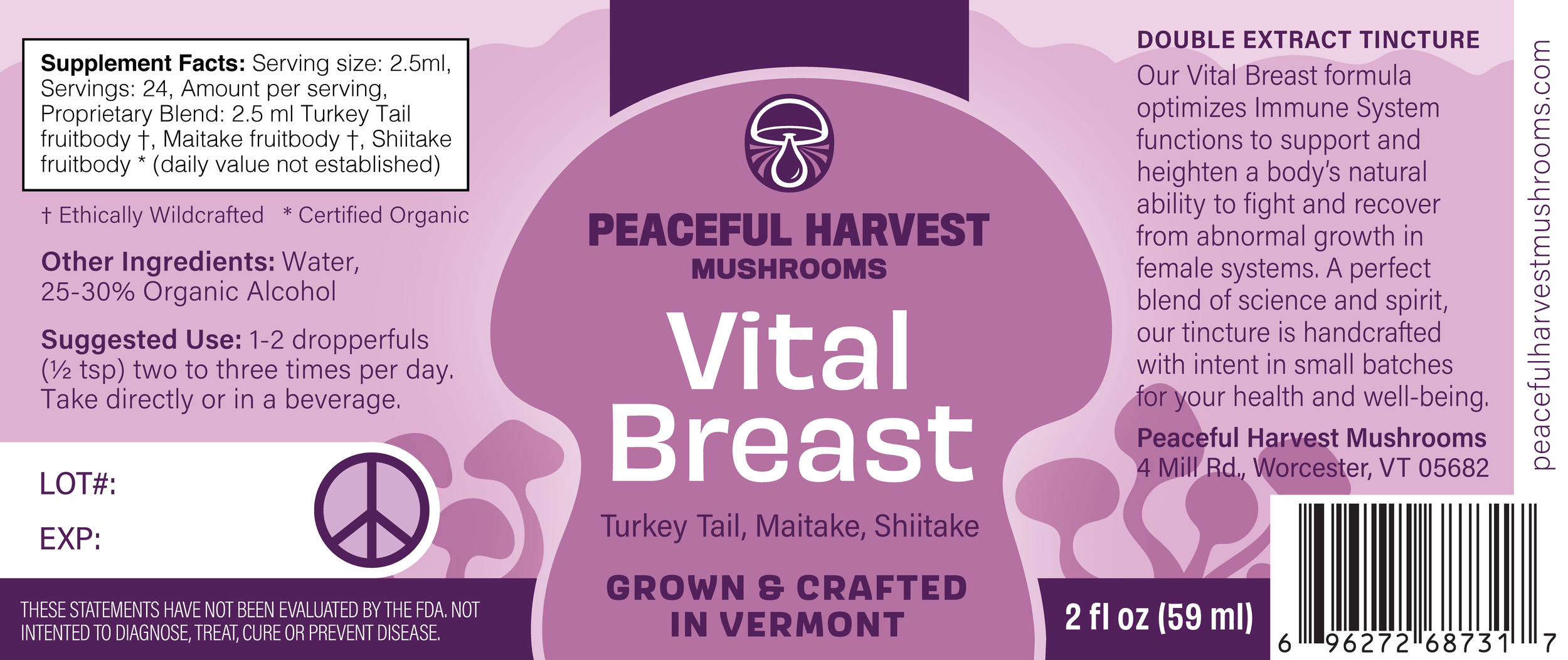 Vital Breast Double Extract Tincture Label. Contains Maitake, Shiitake, and Turkey Tail