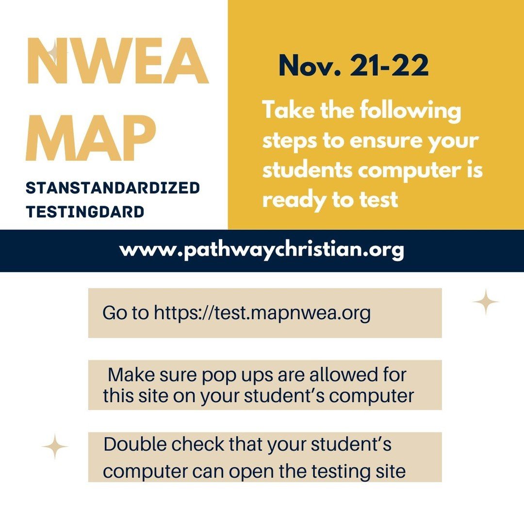 The NWEA MAP test is approaching! Check the email from your teachers with instructions on how to prepare for it. Look for an ema