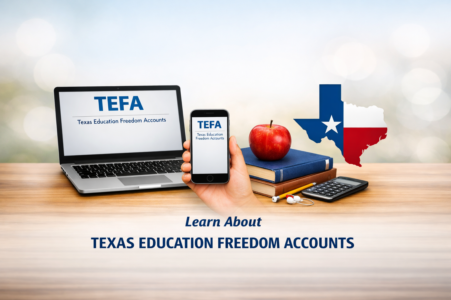 A display of phones and and a laptop showing Texas Education Freedom Accounts