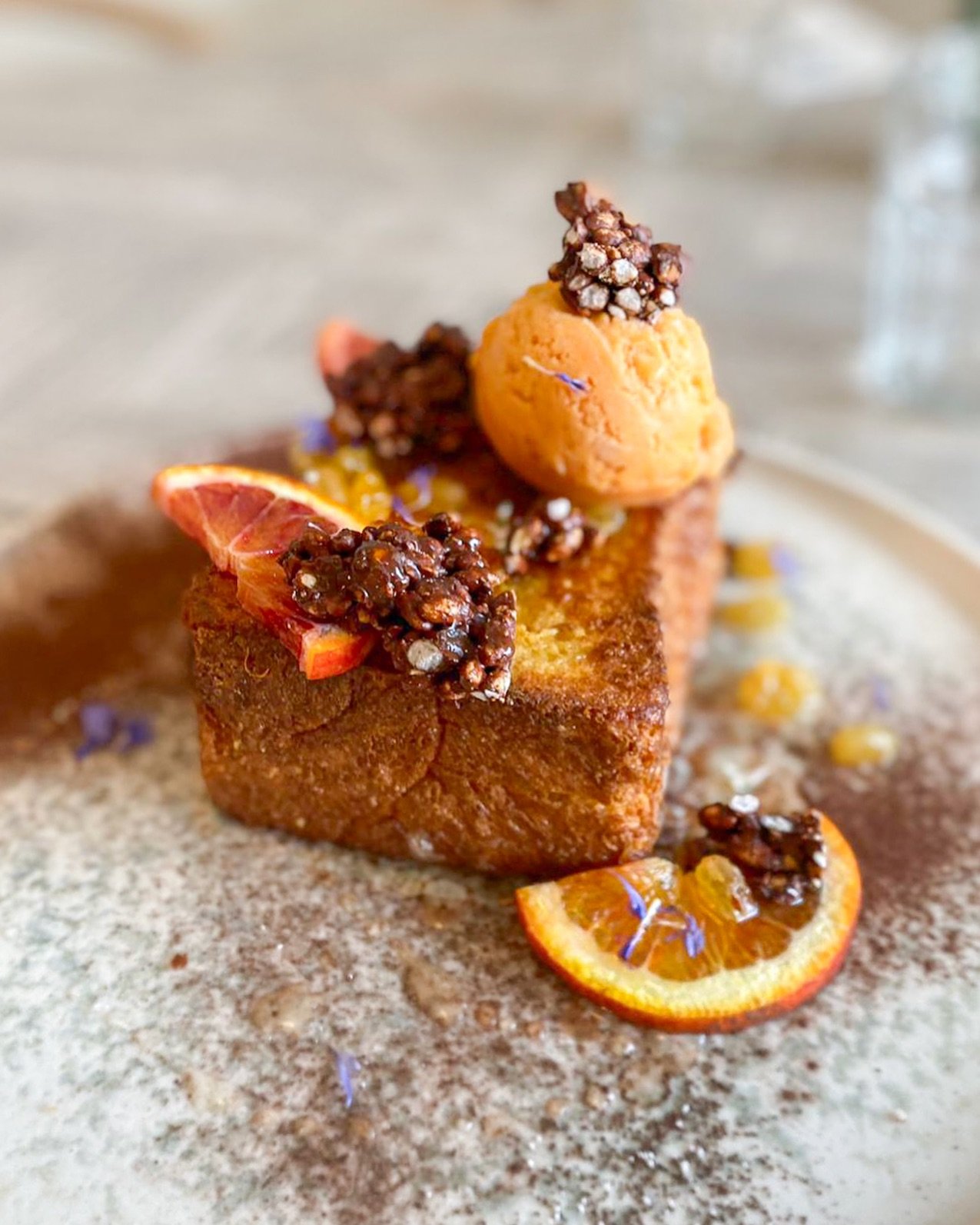 This week&rsquo;s special French toast in Brigg is White chocolate &amp; Rosemary Ganache, Hazelnut &amp; Candied orange Rice Crispy cake, Golden Sultana in Peach tea syrup, Blood Orange Sorbet 🍊
