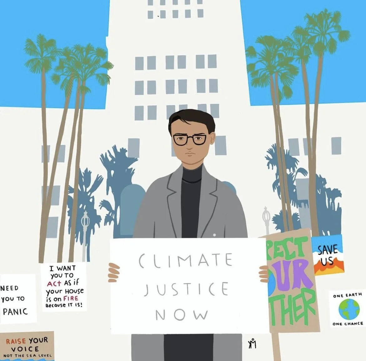 Graphic of Kevin holding a Climate Justice Now sign. Art by Kori Malia