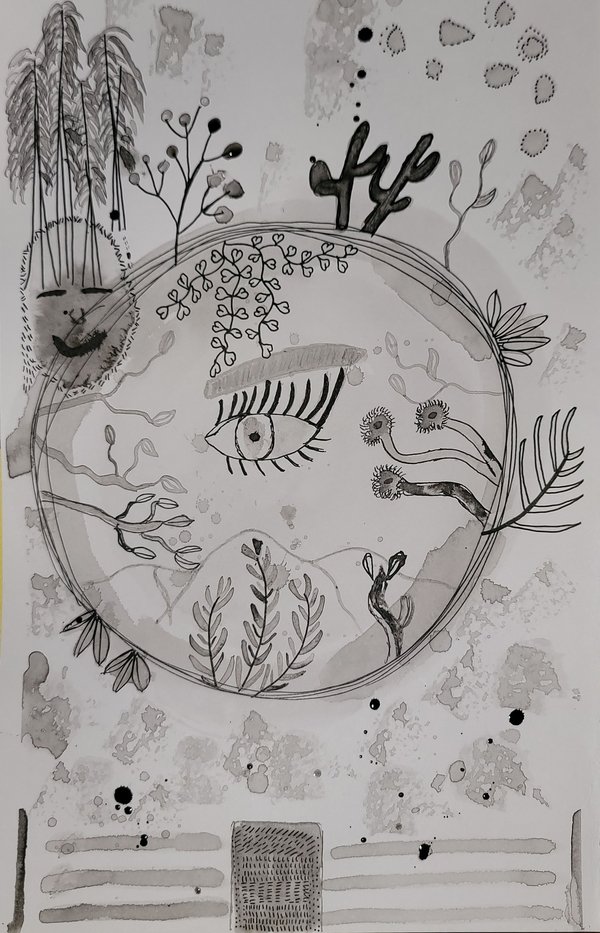 Ink panel of triptych showing abstract view of mountains, desert flora, different types of ink techniques, and a face which was a happy mistake that I turned into representing the way in which 'we wear the mask'.