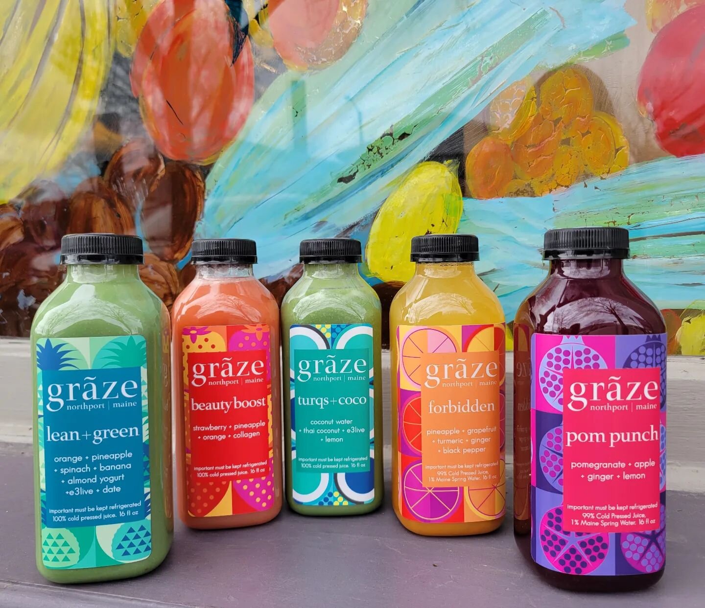Fresh, cold pressed juices from @graze_maine are as delicious as they look! Turqs + coco is the newest staff favorite!