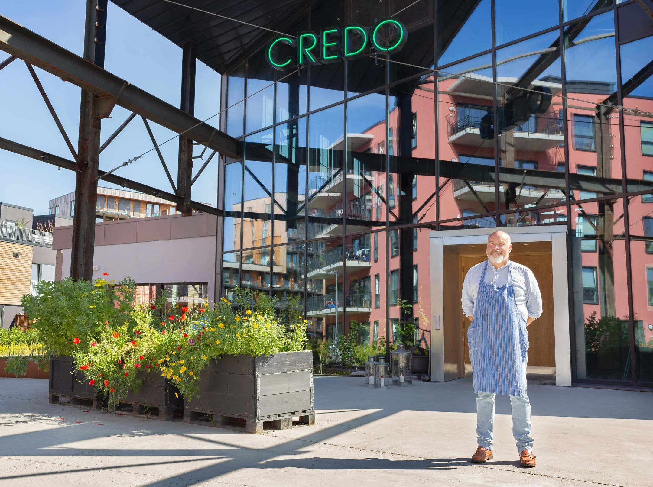 A Norwegian farmer with a beard wearing a white shirt, apron, and jeans stands outside restaurant 'CREDO' on a sunny day. There are colorful edible flowers in a planter in the foreground, and residential balconies reflected in the glass in Trondheim,