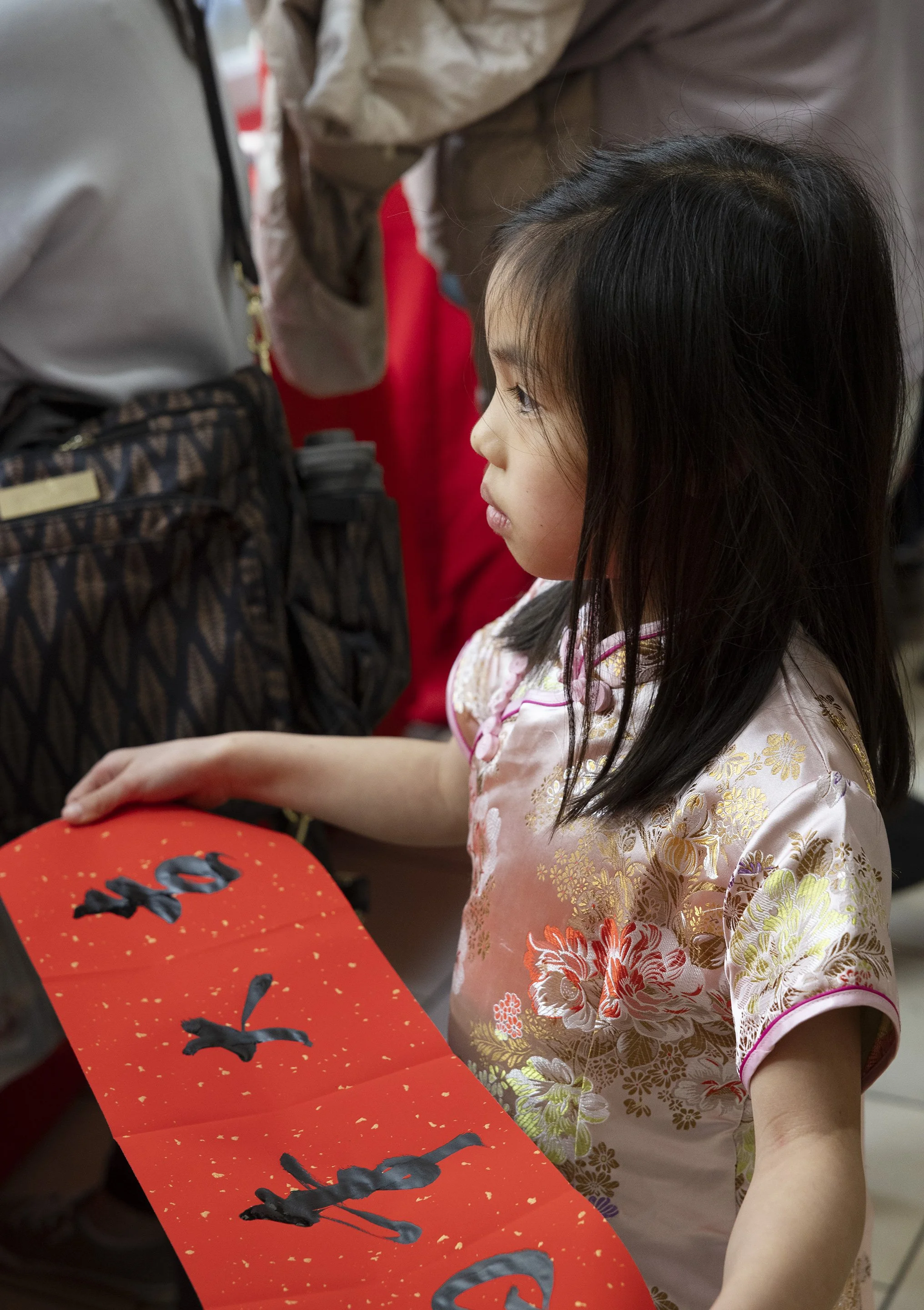 Young Asian girl with long black hair holding a piece of red paper with Chinese letters painted on it. She is dressed in a tradition Chinese dress for the Lunar Year celebration in San Francisco, CA.
