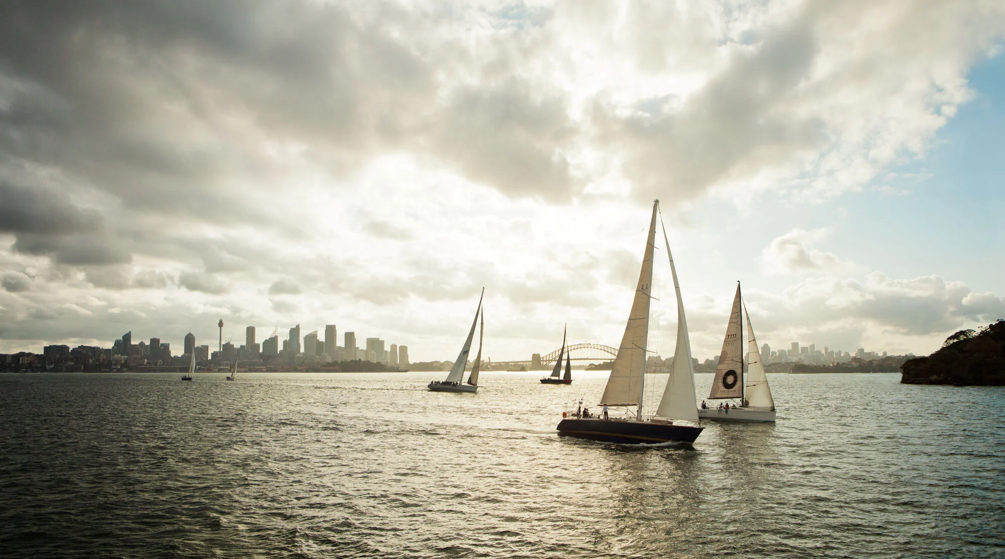 Sailboats on a body of water with Sydney city skyline and bridge in the background under cloudy skies in Australia.