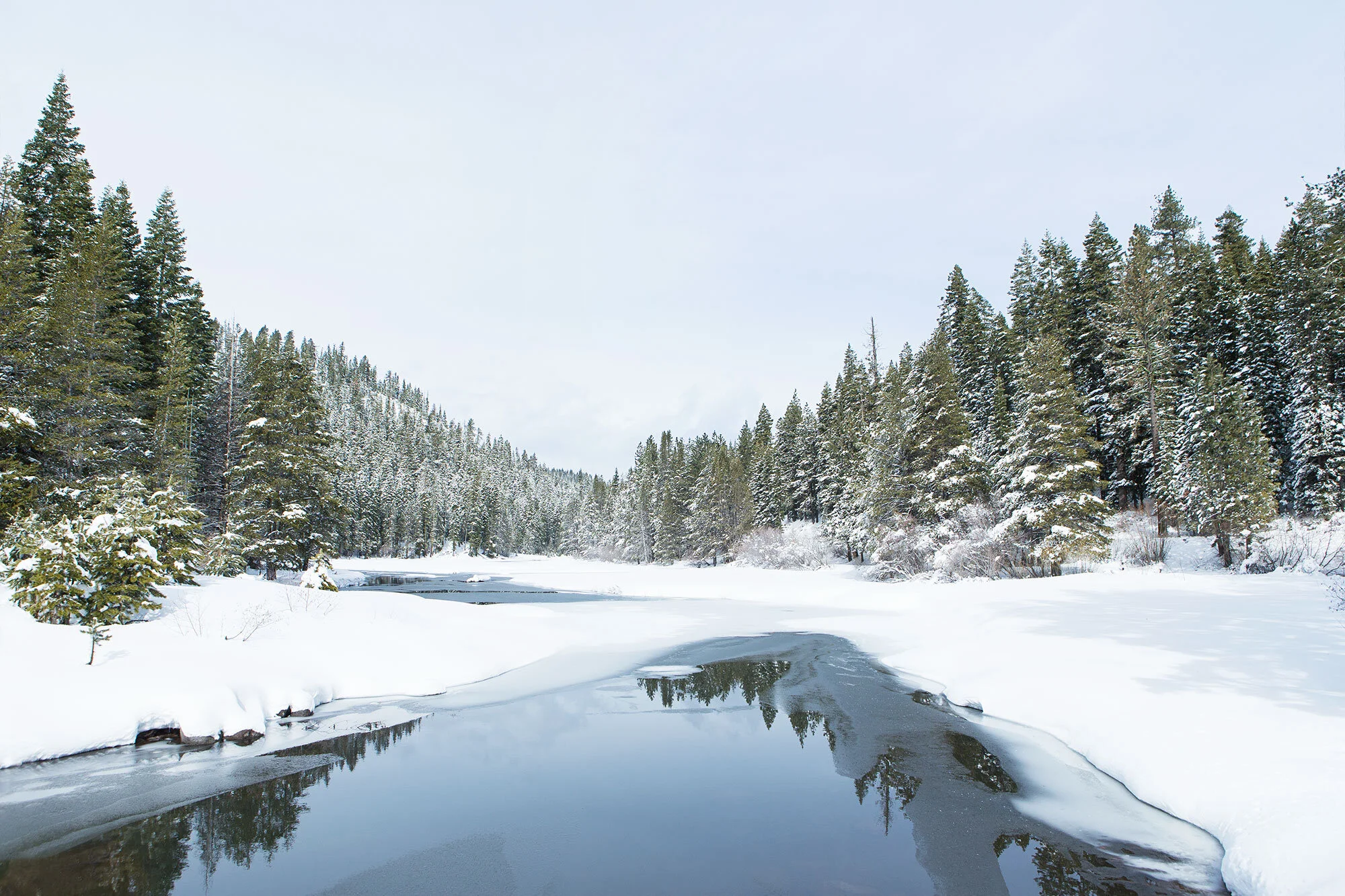 Snow-covered landscape with a river partially frozen, surrounded by pine trees, and a cloudy sky in Lake Tahoe, CA.