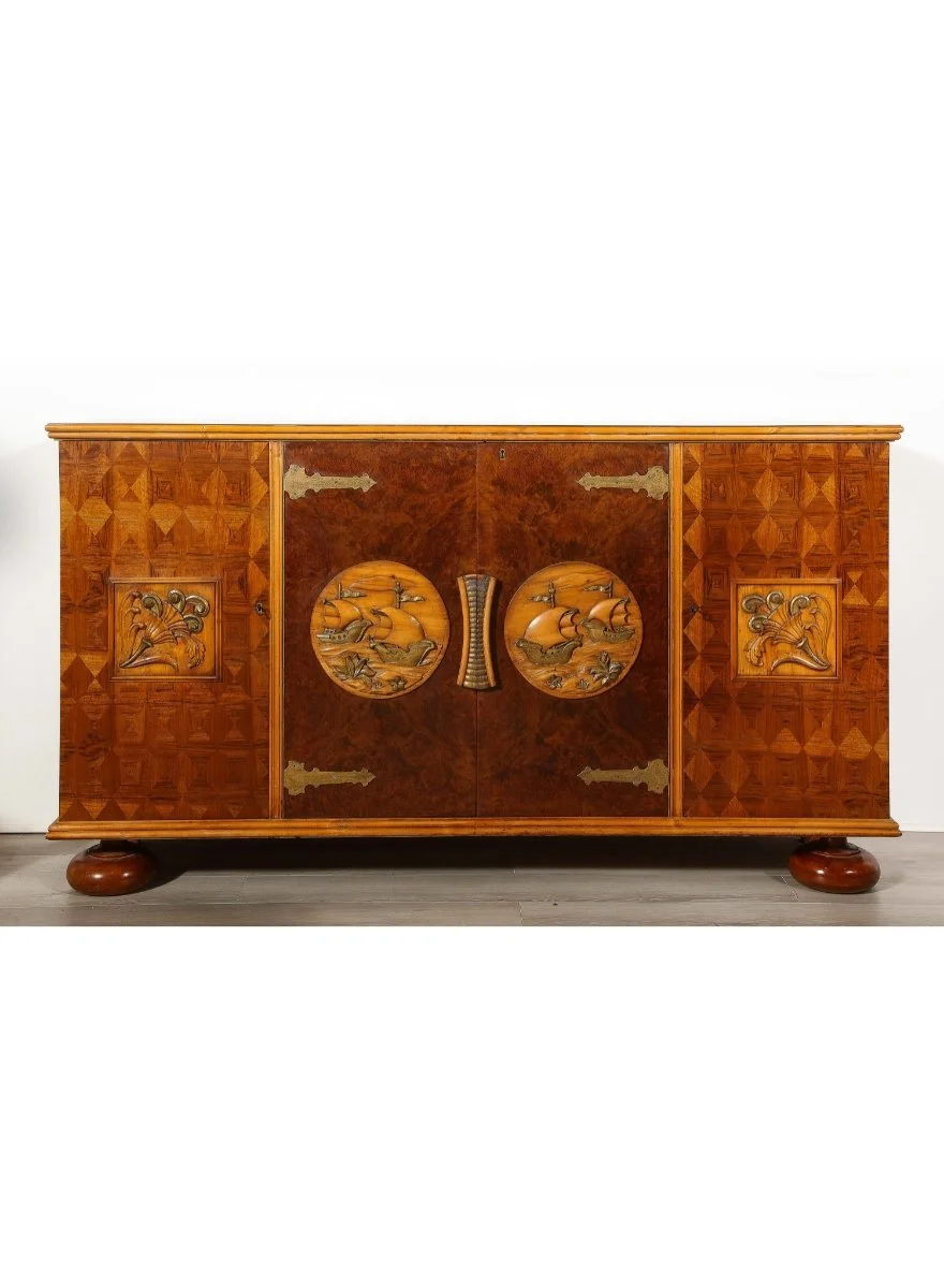 No. 2438 / Italian Carved Walnut and Parquetry Sideboard with Nautical Reliefs