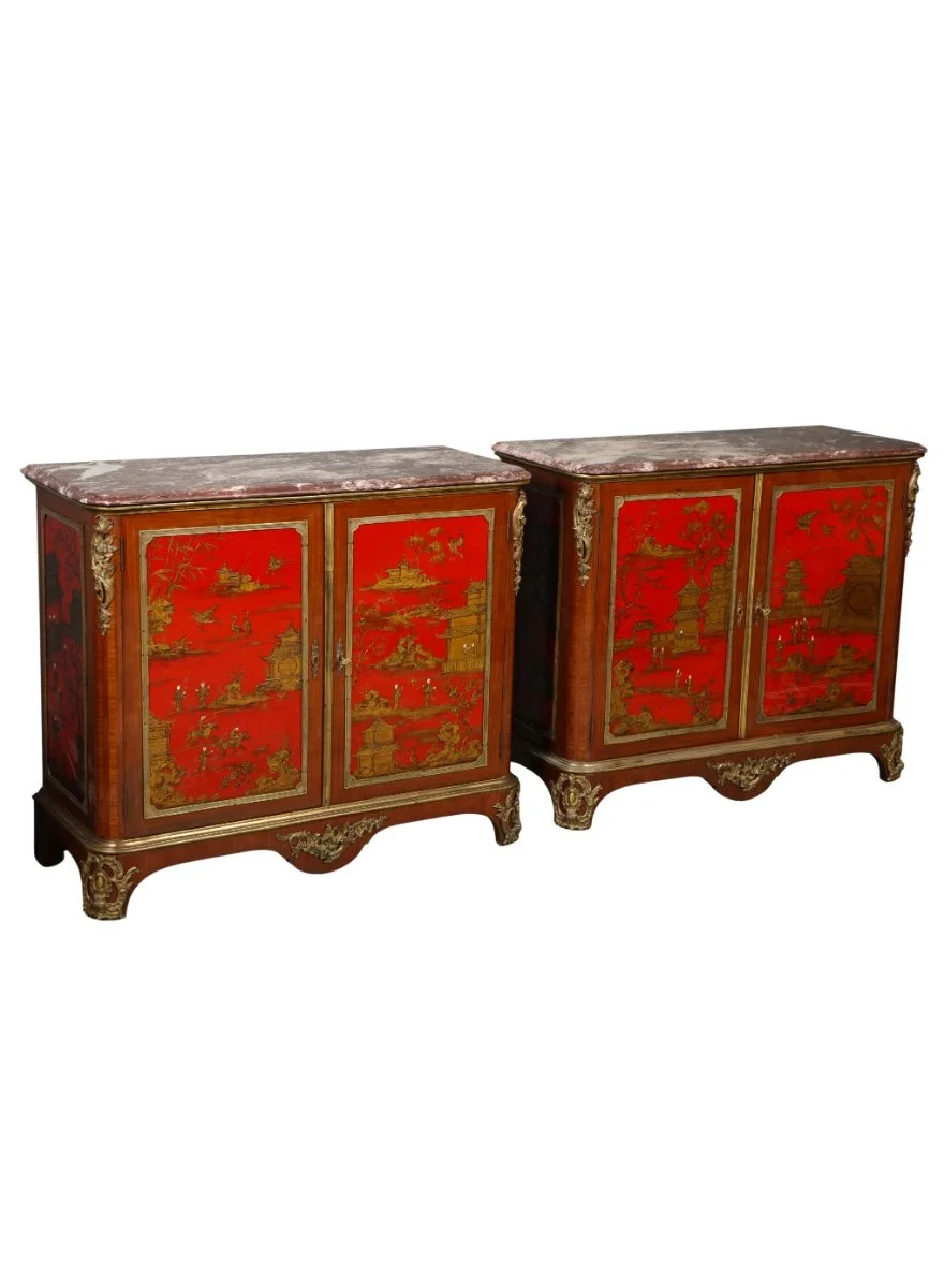 No. 1712 / Fine Pair of French Gilt Bronze Mounted Red Lacquer Chinoiserie Cabinets, circa 1925