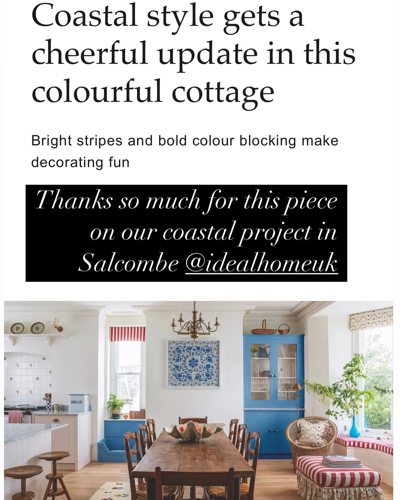 Thanks so much @idealhomeuk @andrea_childs_journo @saraemslie_styleandceramics for this piece in @idealhomeuk today 💕
I love all the bold cheery colours in this project which was a joy to work on. It&rsquo;s in a stunning location in beautiful Salco