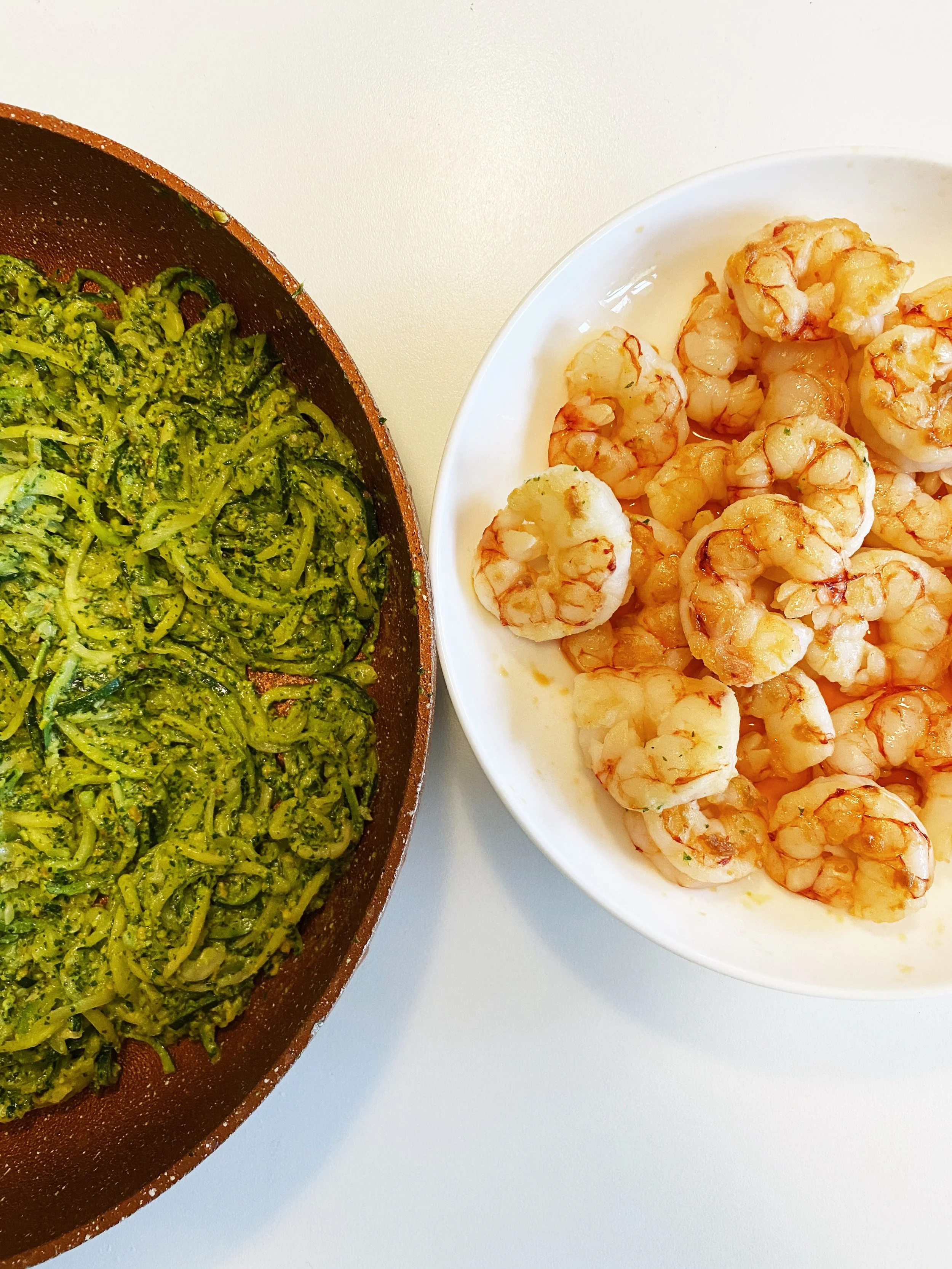 Zucchini Noodles with Parsley Pistachio Pesto and Grilled Shrimp