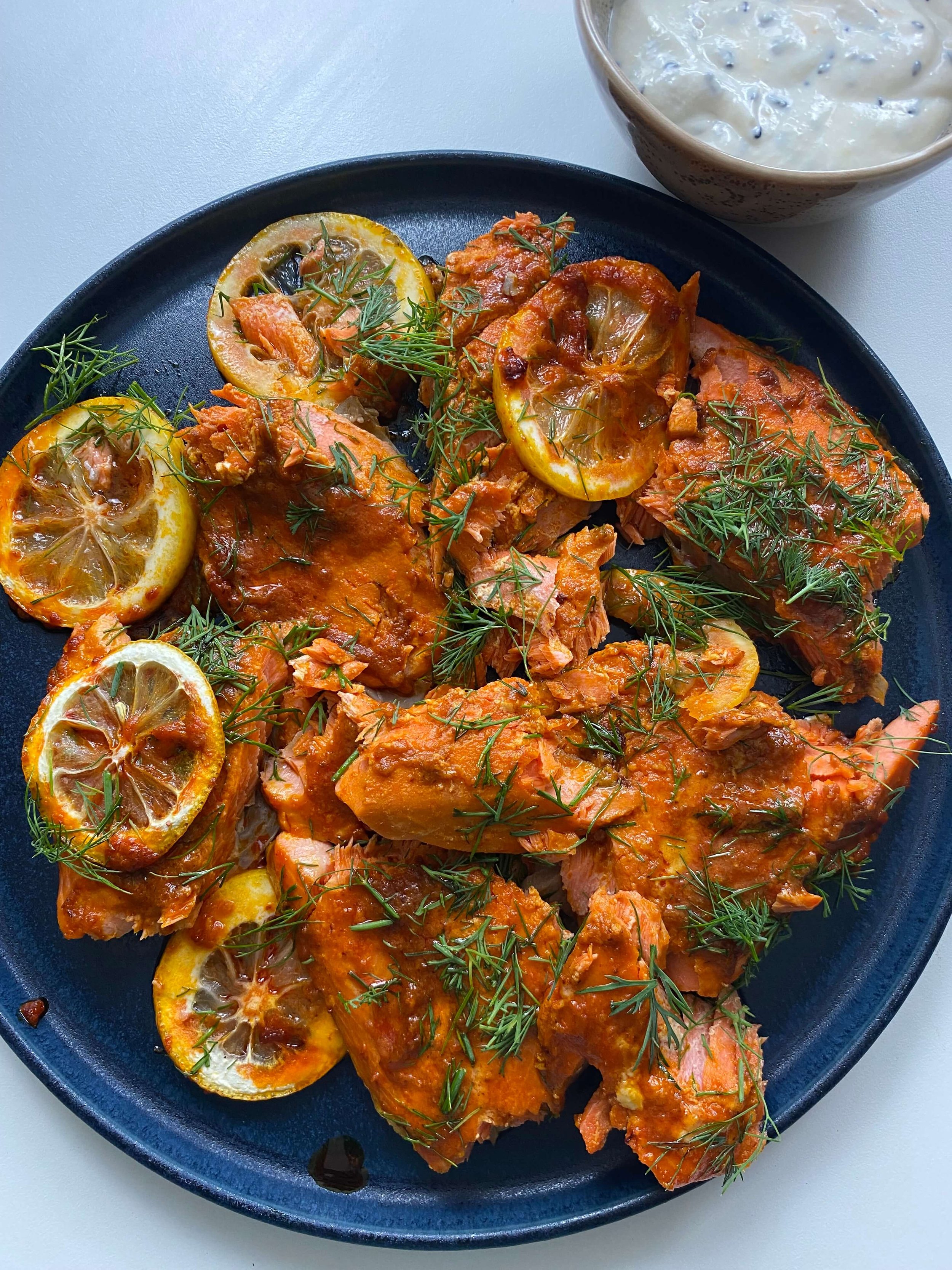 Slow Roasted Harissa Salmon with Tahini Yogurt Sauce