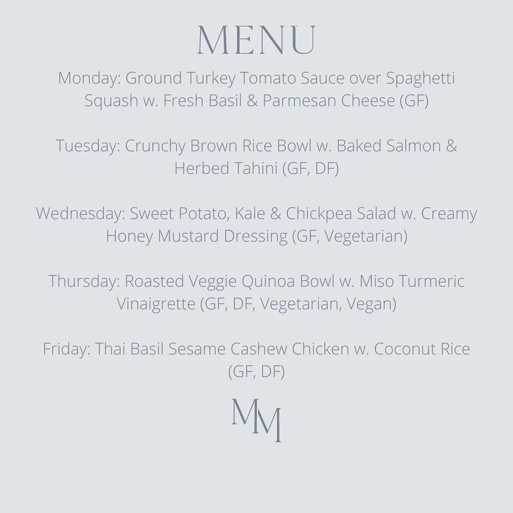 UPDATE 💫

Orders can now be placed through my website! Here is the menu for next week and more details. 

Meal Delivery Details:
&bull; New menu items weekly
&bull; $30 per meal- includes menu planning, grocery shopping, meal prep, cooking &amp; del