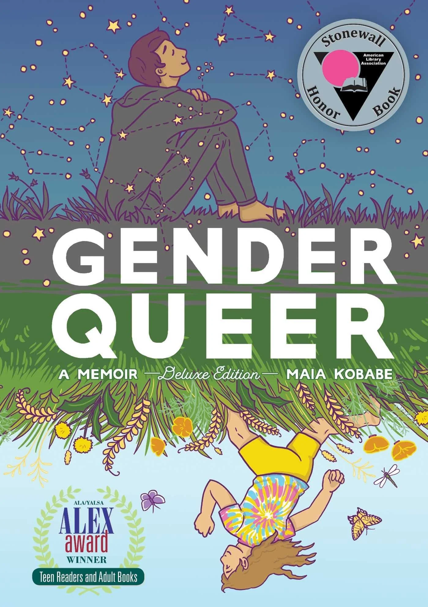 Bookcover for Gender Queer. Illustration diptic image; top of cover adult in meditative body posture facing the starry sky. Bottom image upside down illustration frolicking in a field.
