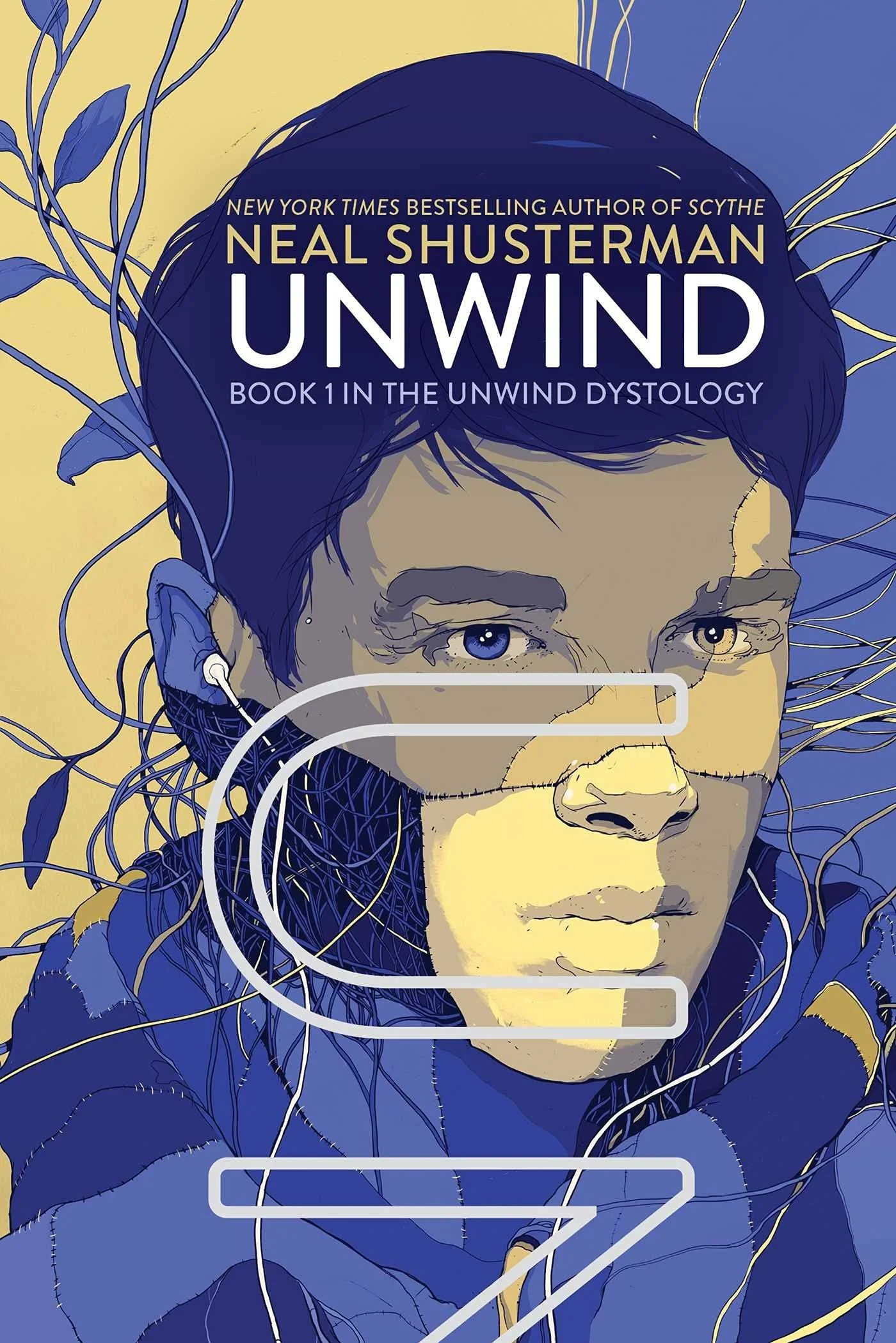 Book Cover for Unwind, illustration of man's face disassembling with vines and possibly wire growing from within his face.