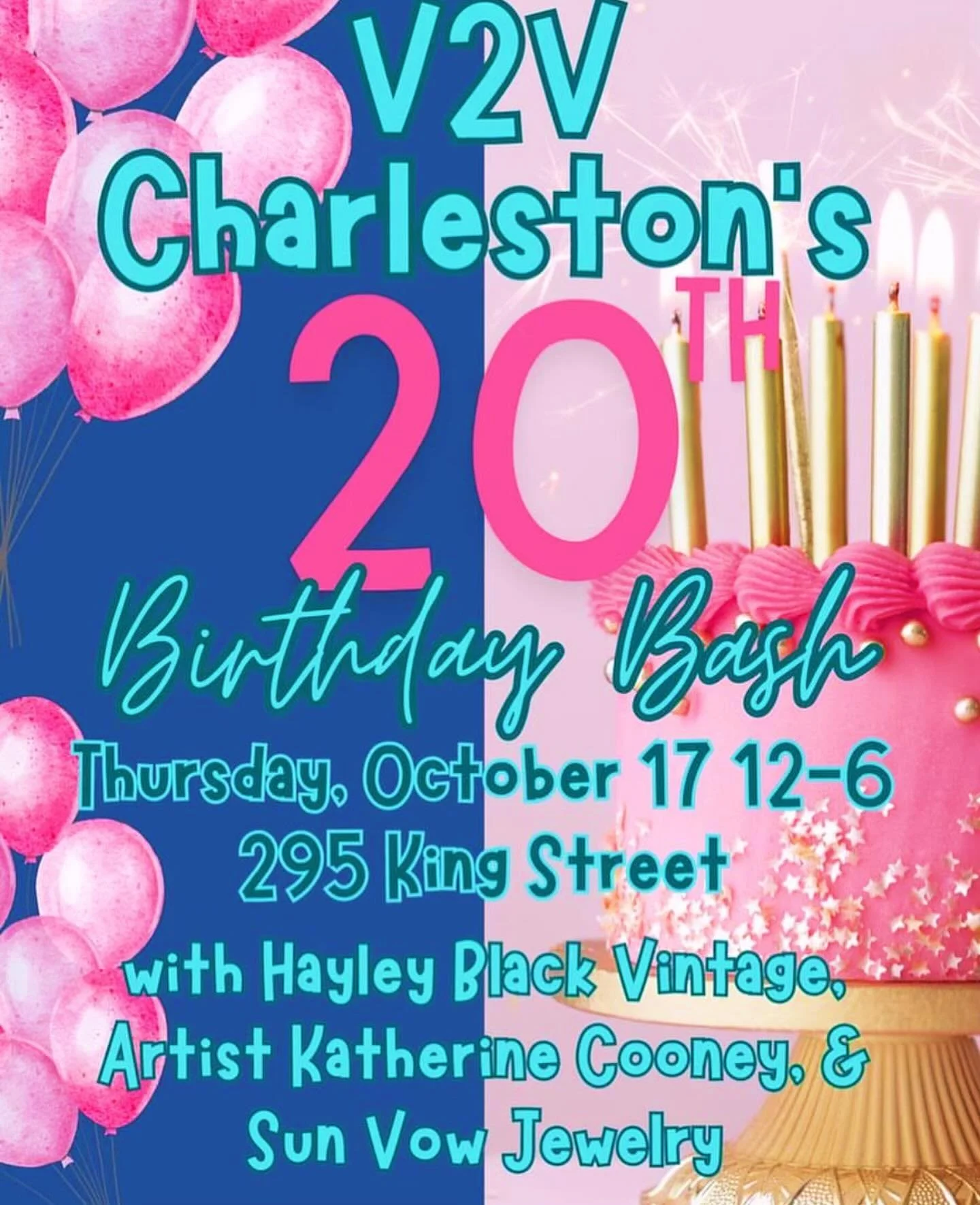 My beloved @v2vcharleston turns TWENTY this week and I am thrilled to be at their birthday 🧁 party this Thursday from 12pm-6pm with @katherinecooneycreatesart and @sunvowjewelry 🤩 295 King Street 👑 Be there or miss out on the best vintage, art, an