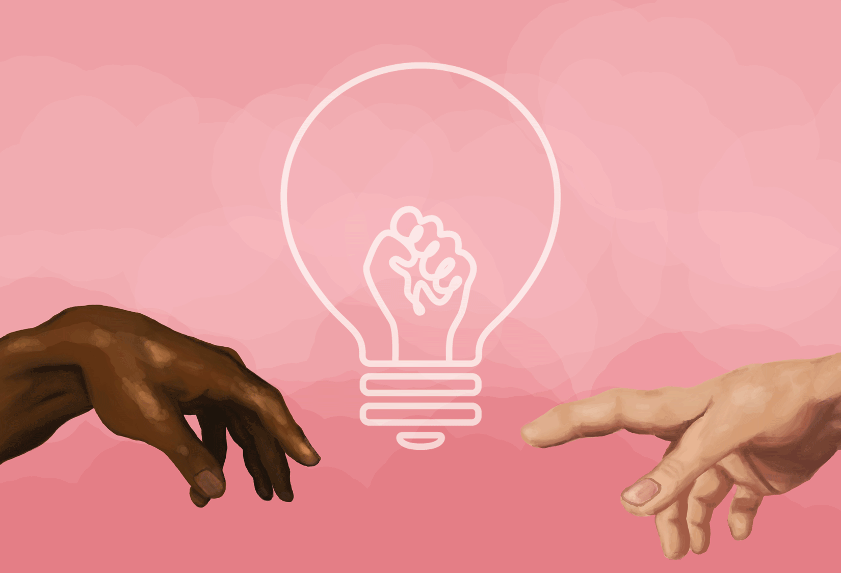 Graphic by Elena YH LinImage Description: GIF of two hands reaching towards one another on a pink background. The SciComm Collective logo, comprising white lines that delineate a lightbulb with a power fist in the middle, gradually lights up and fla…