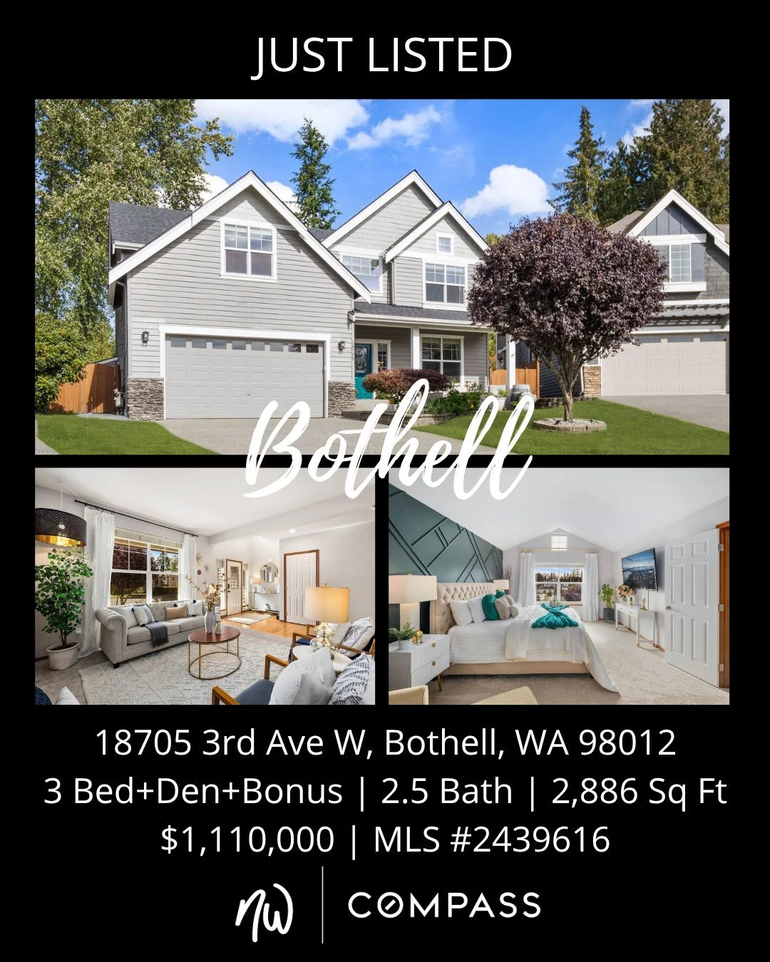 #JustListed in #Bothell
3 Bedrooms + Den &amp; Bonus Room | 2.5 Bathrooms | 2,886 Sq Ft | Offered Price $1,110,000
View Full Listing &gt; https://zurl.co/Sl41o 

Tucked at the end of a quiet cul-de-sac, this Bothell home offers elegance, comfort, and