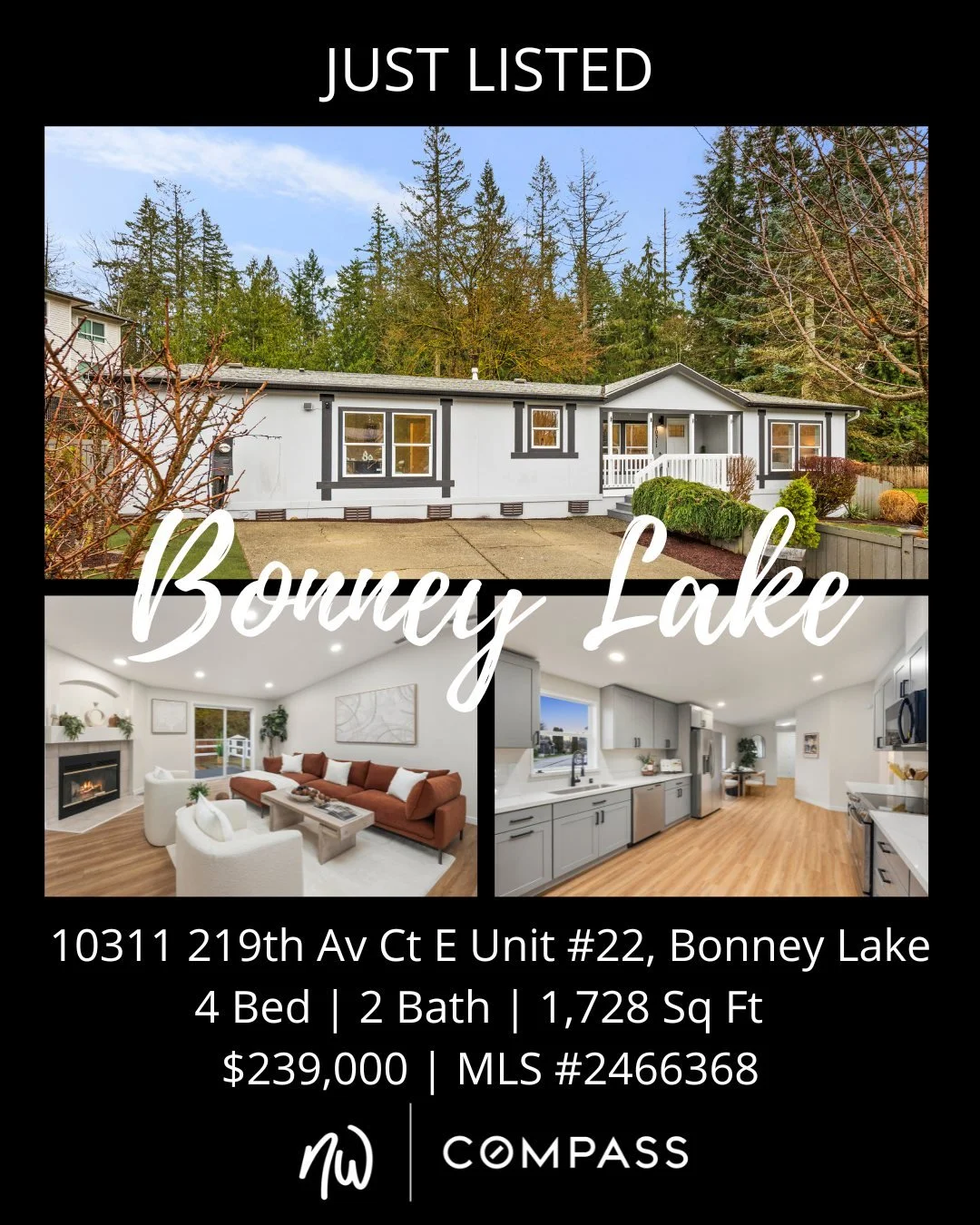 #JustListed in #BonneyLake
4 Bedrooms | 2 Bathrooms | 1,728 Sq Ft | Offered Price $239,000

View Full Listing >  https://zurl.co/NZ0Co 

Discover this fully updated 4-bedroom home ideally located near the retail center of Bonney Lake. On the large