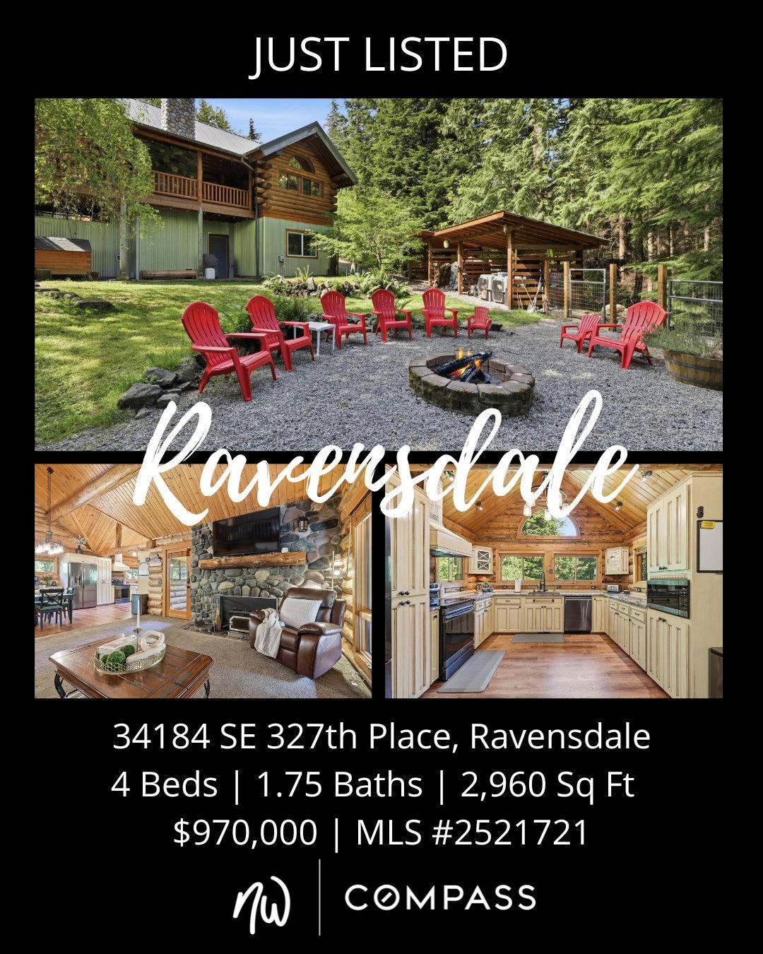 #JustListed in #Ravensdale
4 Bedrooms | 1.75 Bathrooms | 2,960 Sq Ft | Offered Price $970,000
View Full Listing > https://zurl.co/WL3ZZ  or LINK IN BIO

Tucked away in a peaceful natural setting, this custom log home offers over 6 private acres of