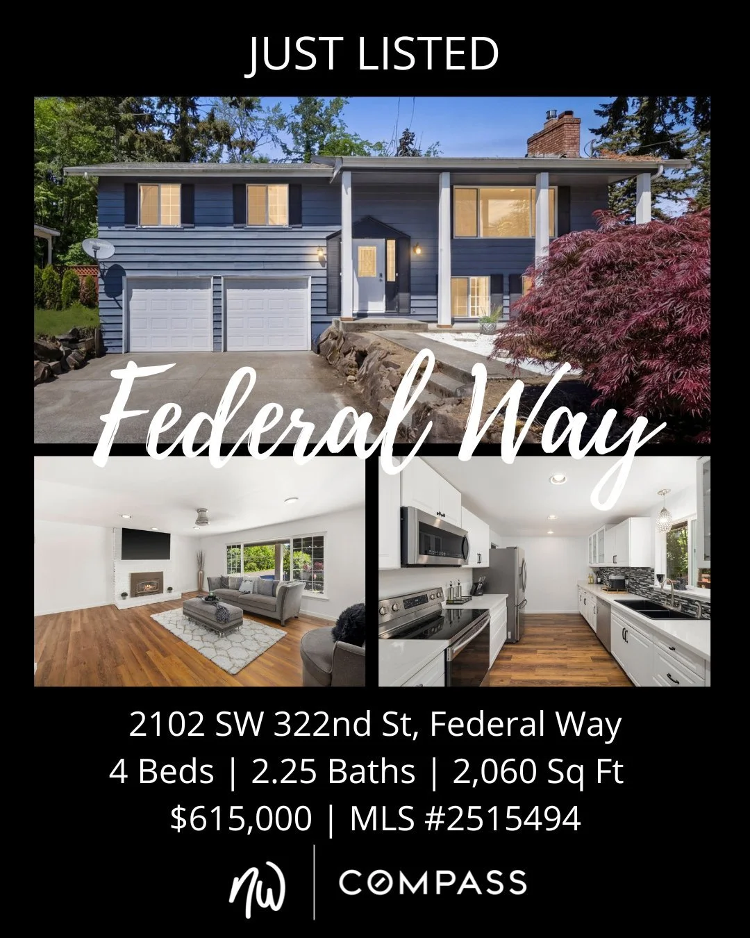 #JustListed in #FederalWay
4 Bedrooms | 2.25 Bathrooms | 2,060 Sq Ft | Offered Price $615,000

View Full Listing > https://zurl.co/uL6DI  or Link in Bio

Located on a spacious corner lot in the desirable Twin Lakes area, this well-maintained home 