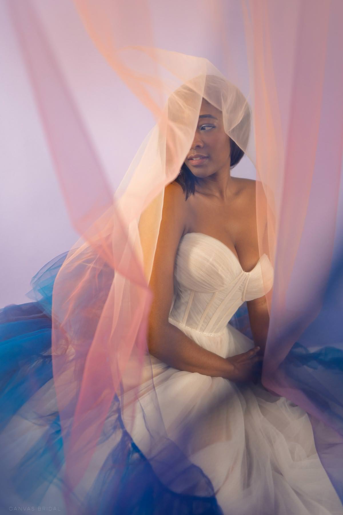 bride in colorful veil photo ombre tulle veil unique bridal picture
